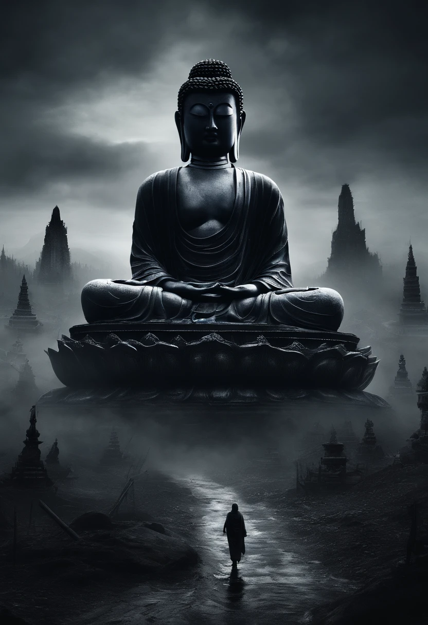 Masterpiece, Best quality, offcial art, 8K wallpaper, Very detailed, Dark style,Black Buddha statue,A huge tall Buddha statue in the distance,Pilgrims on the road