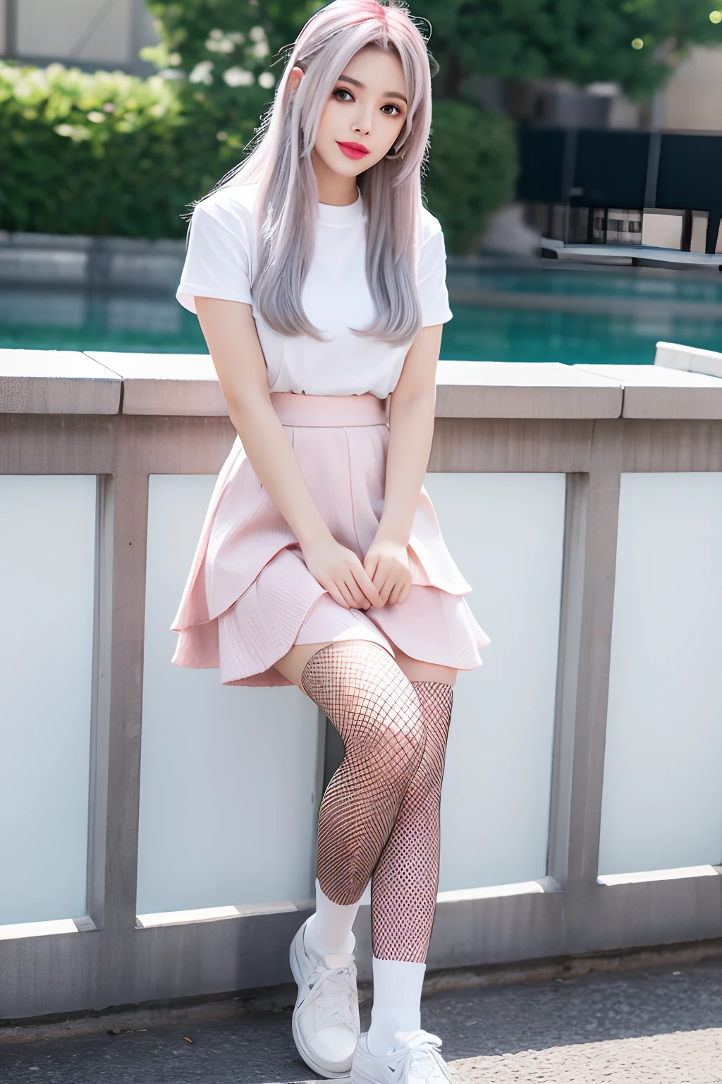 Mature female sister silver white long hair woman light pink lips JK skirt fishnet socks