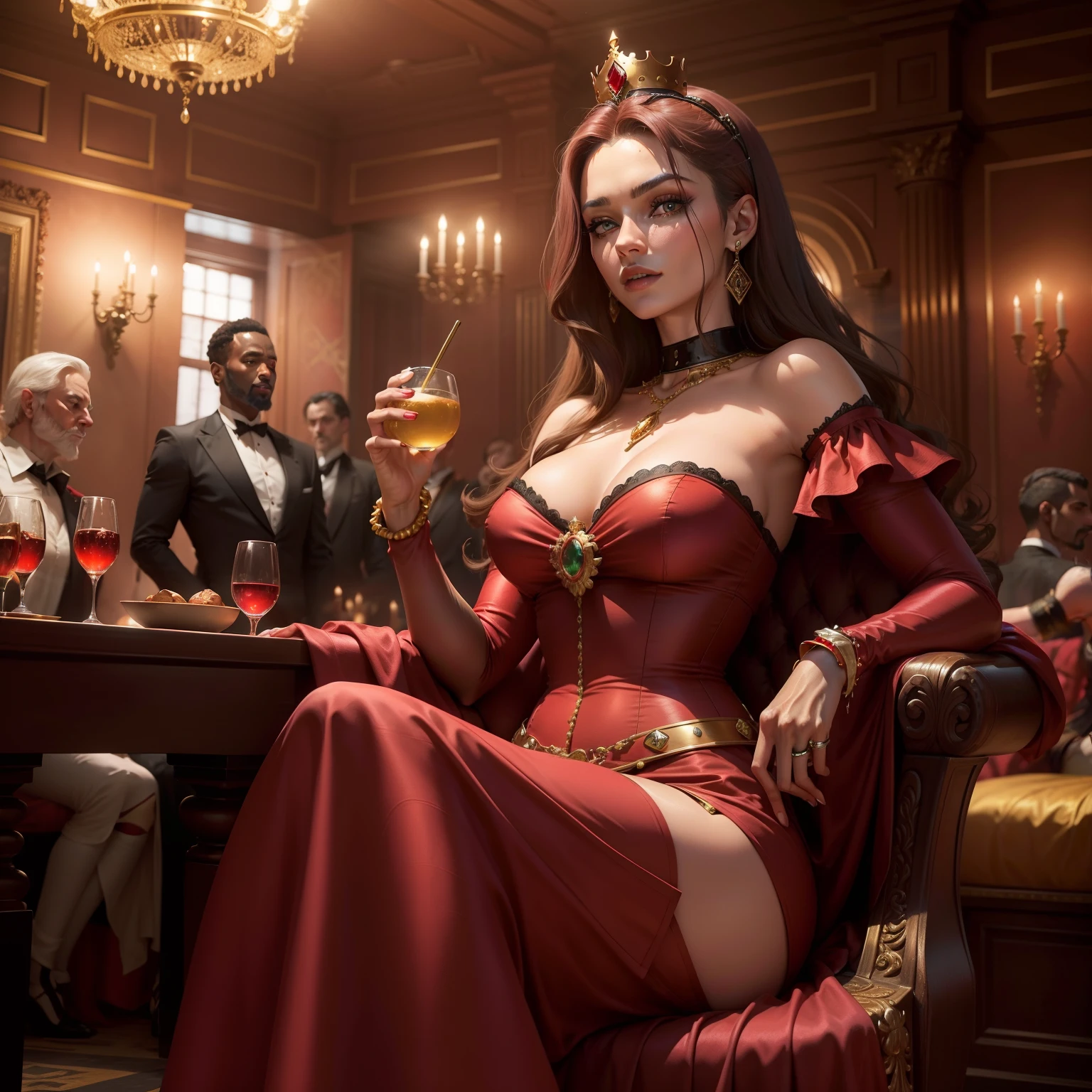 Uma mulher madura de 40 anos, olhos verdes de pele clara, cabelos vermelhos longos, waist edge;, with a gold crown studded with diamonds on the head of the blood red satin corselet medieval type , Blood red satin decotted long skirt A necklace with ruby jewelry around the neck Red gloves in colonial style Smoking with your Cigarillo Have a drink with a black fan , vermelho e dourado, com um gato preto sentado do lado,inside an old cabaret surrounded by 3 distinguished gentlemen , aristocratas , de capa e cartola