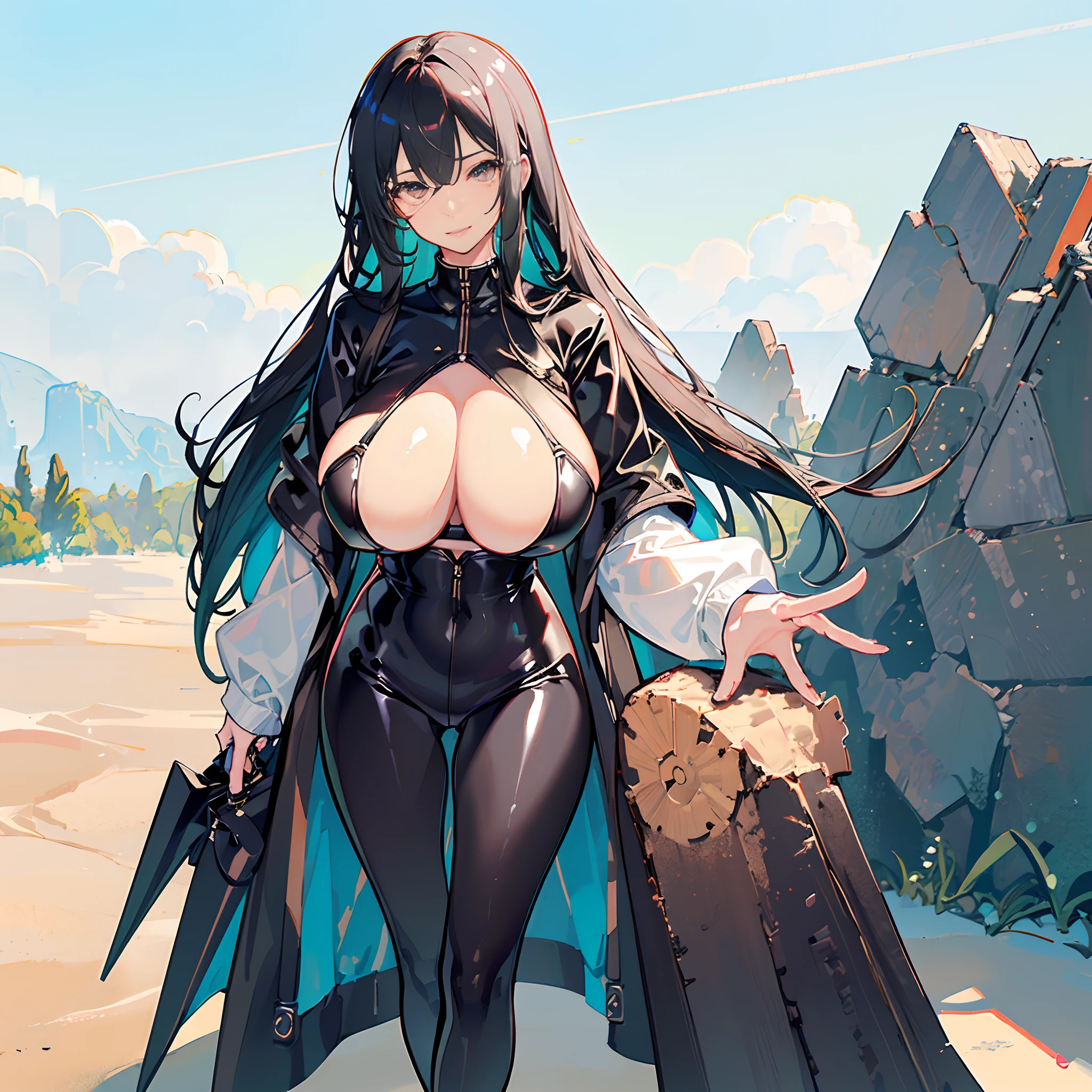 (huge tits:1.5),(((solo))),Clear plastic raincoat,Black latex sports bra,Black pantyhose,Black latex tong,Long black hair,Black colored eyes,Black high-heeled sandals,stand on sand,Crossed waist with one hand,ssmile