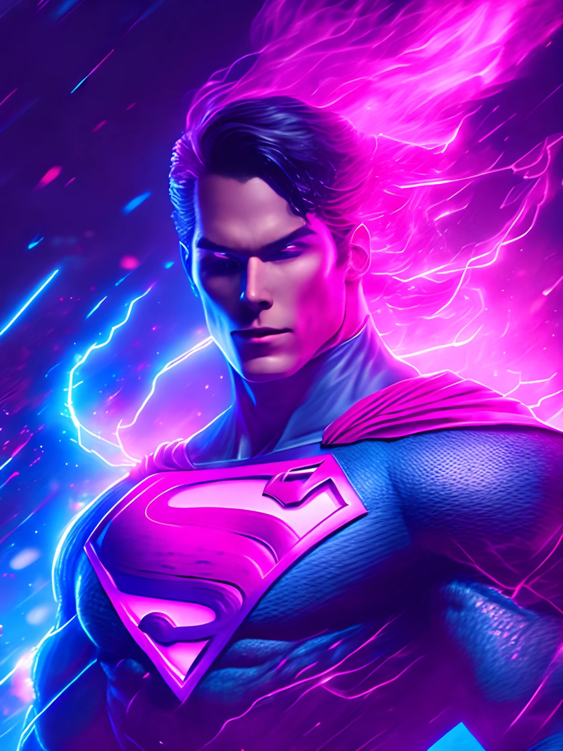 Retrato sombrio do Superman Pink Lantern da DC, extremamente detalhado, futuristic cityscape, noite, glowing neon lights, smoke billowing, Sparks, Metal shavings, Detritos voadores, efeitos da energia azul, volumetric light