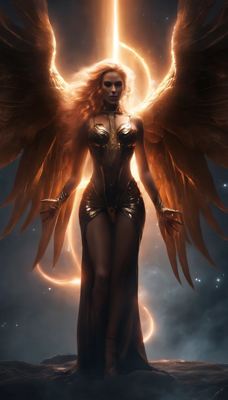 female cosmic fallen angel, bright light eyes, deeply sexy, sensual, otherworldly, enchanting, dreamy, very bright colors, light particles, with luminous light, Mshiff, wallpaper art, UHD wallpaper, topless, huge breasts, thin waist, thick legs, warm. full body, full body.work of art, detailed.