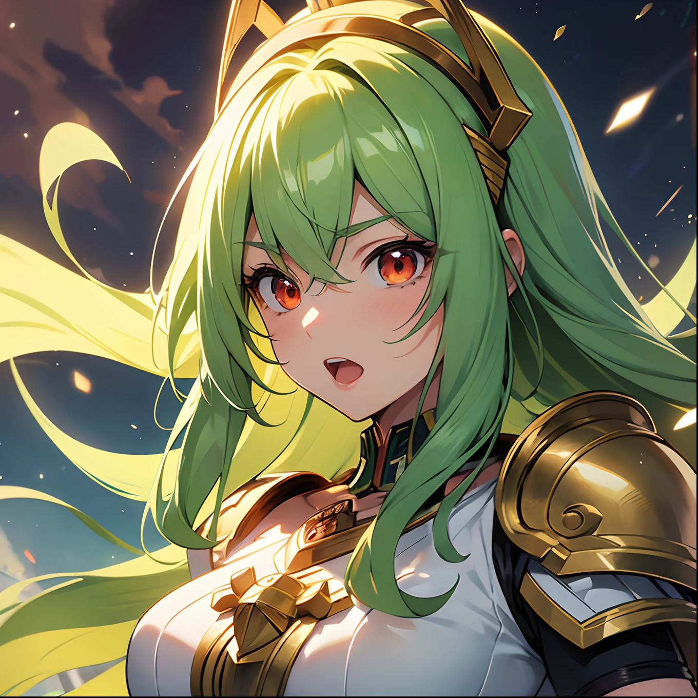 (masterpiece,best quality):1.4,Athena(pazudora),a close up of a cartoon image of a woman with long blonde hair and green hair, 1girl, long hair, green hair, solo, red eyes, open mouth, armor