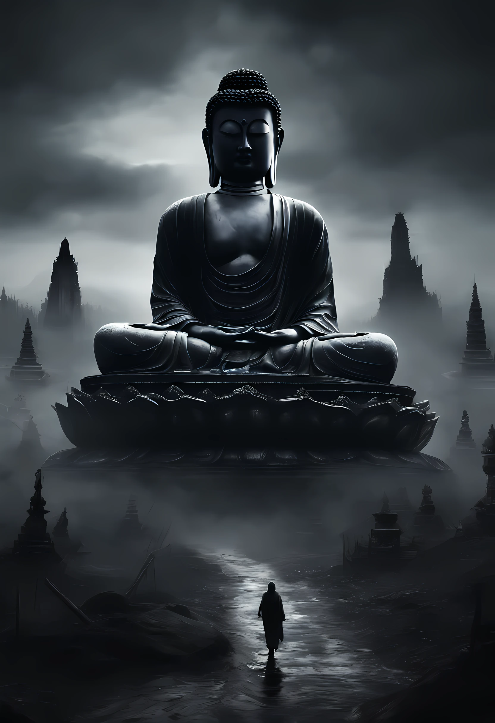 Masterpiece, Best quality, offcial art, 8K wallpaper, Very detailed, Dark style,Black Buddha statue,A huge tall Buddha statue in the distance,Pilgrims on the road