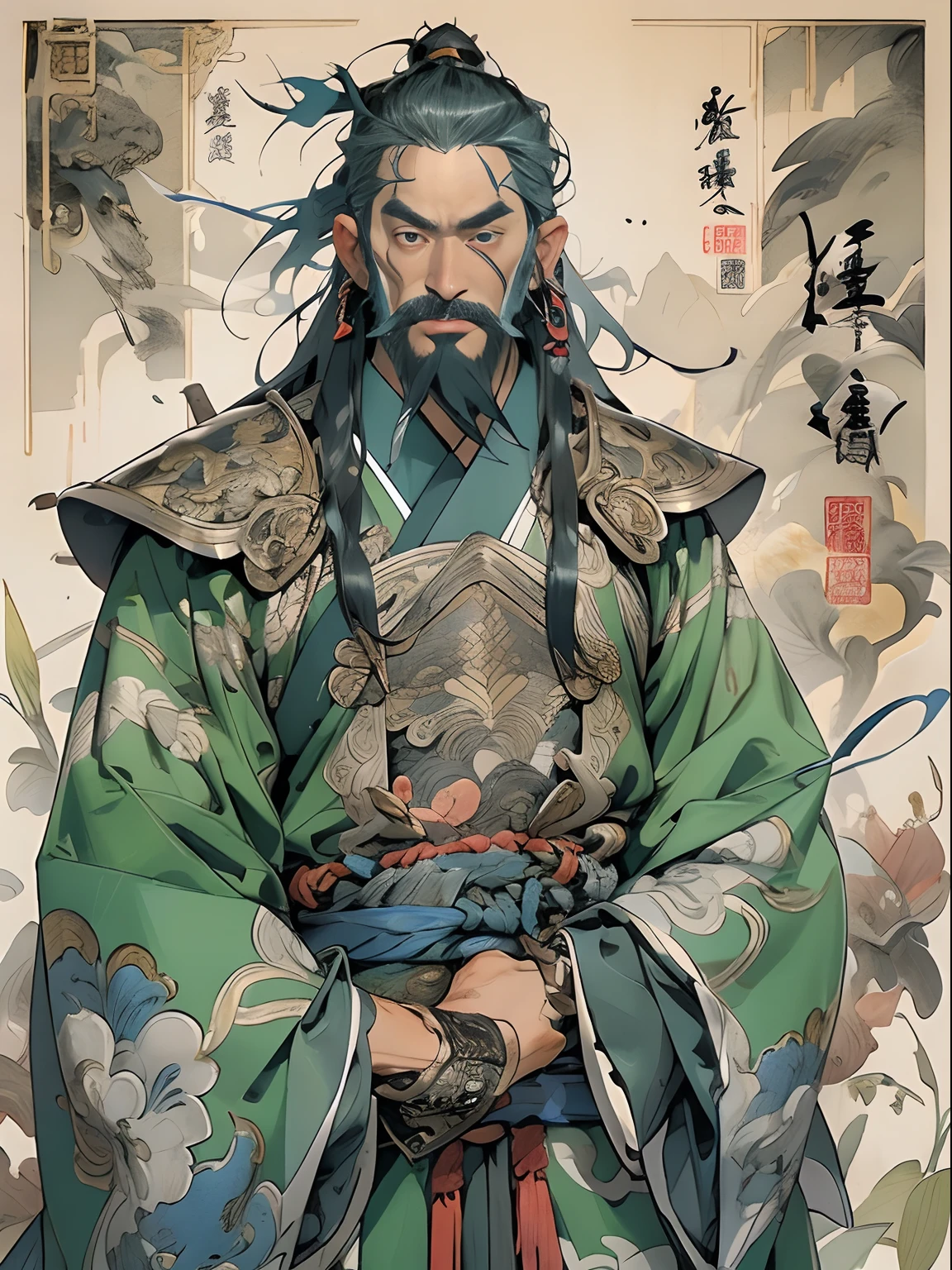(((China-style,Ink painting method,Half-length portrait,Intense color,Han dynasty, China,Hanfu,Armor,Guan yu,Guan Yunchang,of a guy,Ruddy killing square face,Hold the Blue Dragon Moon Knife in his right hand,Stroke your beard with your left hand,Long hair,petty eyes,Green robe))), (((best qualityer))), (((tmasterpiece))), (((AS-Adult))), ((( Japanese ))), Look up from your knees, Handsome Asian samurai,perfect body figure, Modern samurai, ((( Asian))), Wear gloves on your hands,The left arm is made of steel and metal tips,Made of protective devices, The eyes are pulled, (( Appears below the chest )), (( Small dental floss )), Simon Bisley, Almost naked(Simon Bisley)Castle City Wilderness,For high-resolution posters, hair straight, Minimum clothing, armure (Crazy clothes ), Full of tips and rivets, tribal tattoos, (((full bodyesbian))), Straight brunette hair,Colored hair ends