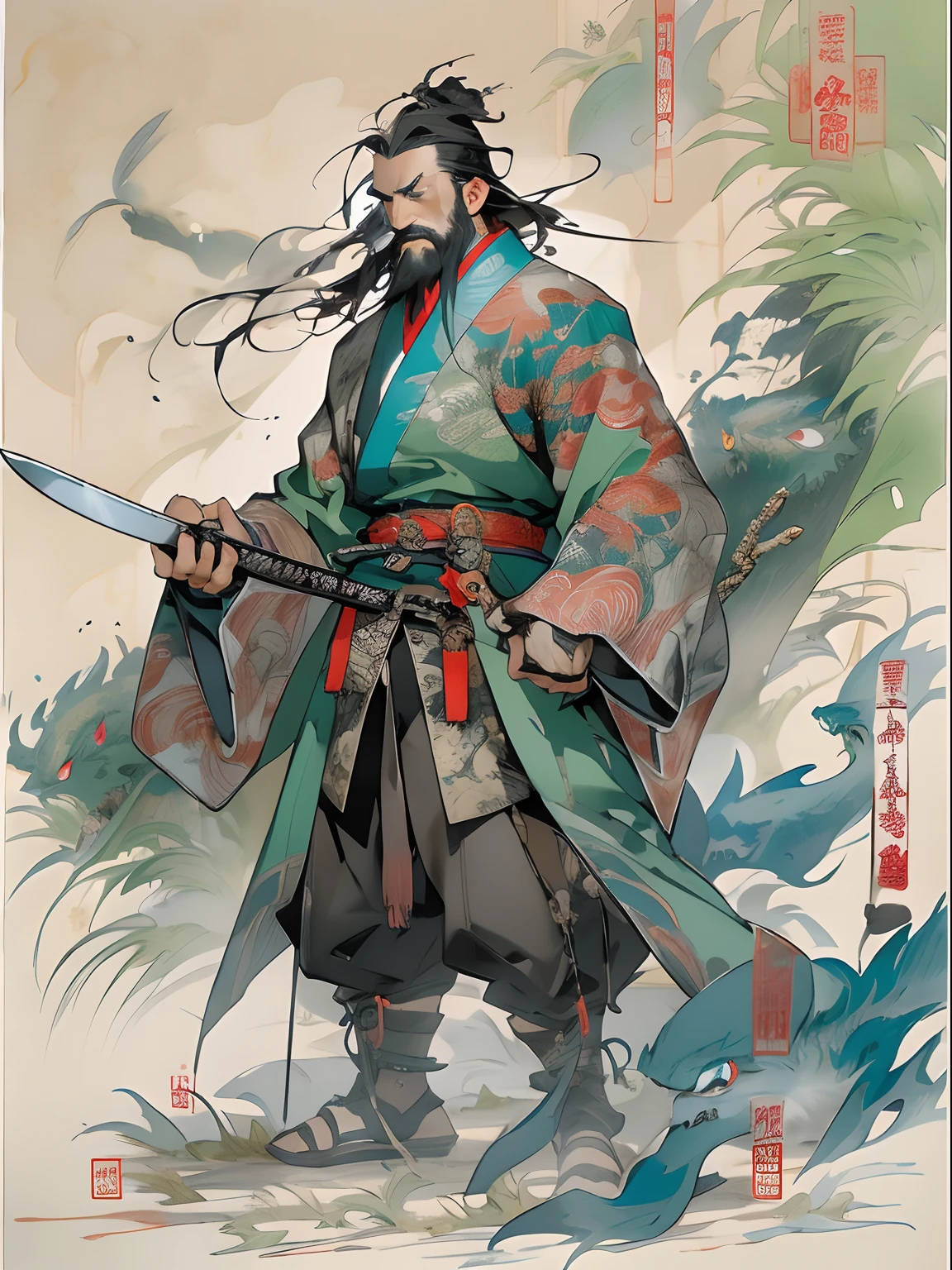 (((China-style,Ink painting method,Half-length portrait,Intense color,Han dynasty, China,Hanfu,Armor,Guan yu,Guan Yunchang,of a guy,Ruddy killing square face,Hold the Blue Dragon Moon Knife in his right hand,Stroke your beard with your left hand,Long hair,petty eyes,Green robe))), (((best qualityer))), (((tmasterpiece))), (((AS-Adult))), ((( Japanese ))), Look up from your knees, Handsome Asian samurai,perfect body figure, Modern samurai, ((( Asian))), Wear gloves on your hands,The left arm is made of steel and metal tips,Made of protective devices, The eyes are pulled, (( Appears below the chest )), (( Small dental floss )), Simon Bisley, Almost naked(Simon Bisley)Castle City Wilderness,For high-resolution posters, hair straight, Minimum clothing, armure (Crazy clothes ), Full of tips and rivets, tribal tattoos, (((full bodyesbian))), Straight brunette hair,Colored hair ends