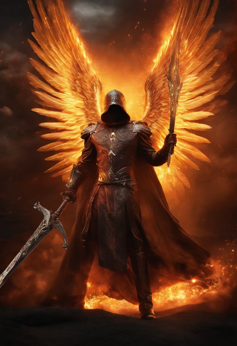 ((1 angel men)), cosmic fallen angel ((1 men))l, olhos claros brilhantes, Biomechanicals, estranho, assustador,  with a flaming sword in his hands, Pesadelo, cores muito brilhantes, light particles, com luz brilhante, Mshiff, Arte do papel de parede, Papel de parede UHD