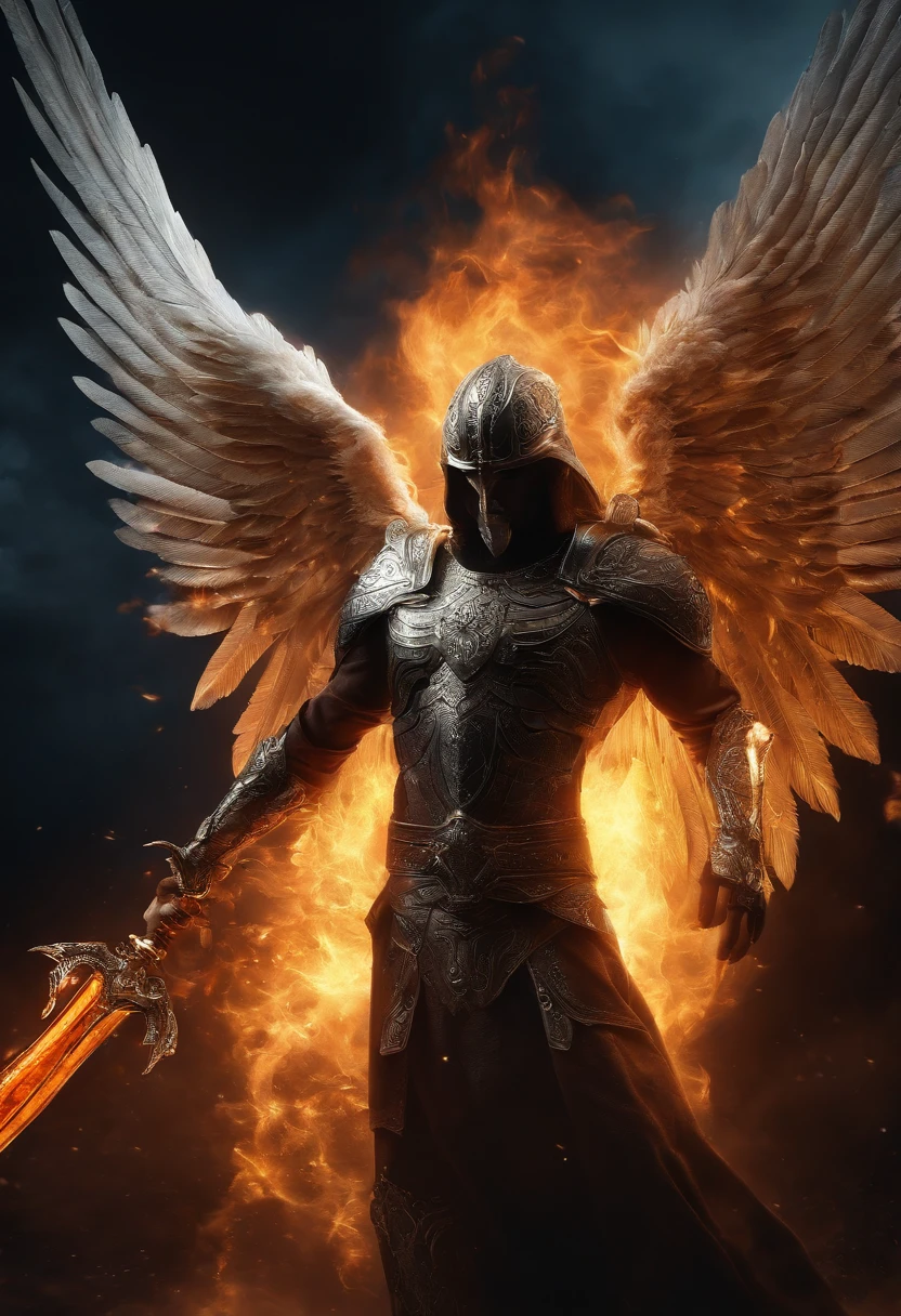 ((1 angel men)), cosmic fallen angel ((1 men))l, olhos claros brilhantes, Biomechanicals, estranho, assustador, with a flaming sword in his hands, Pesadelo, cores muito brilhantes, light particles, com luz brilhante, Mshiff, Arte do papel de parede, Papel de parede UHD