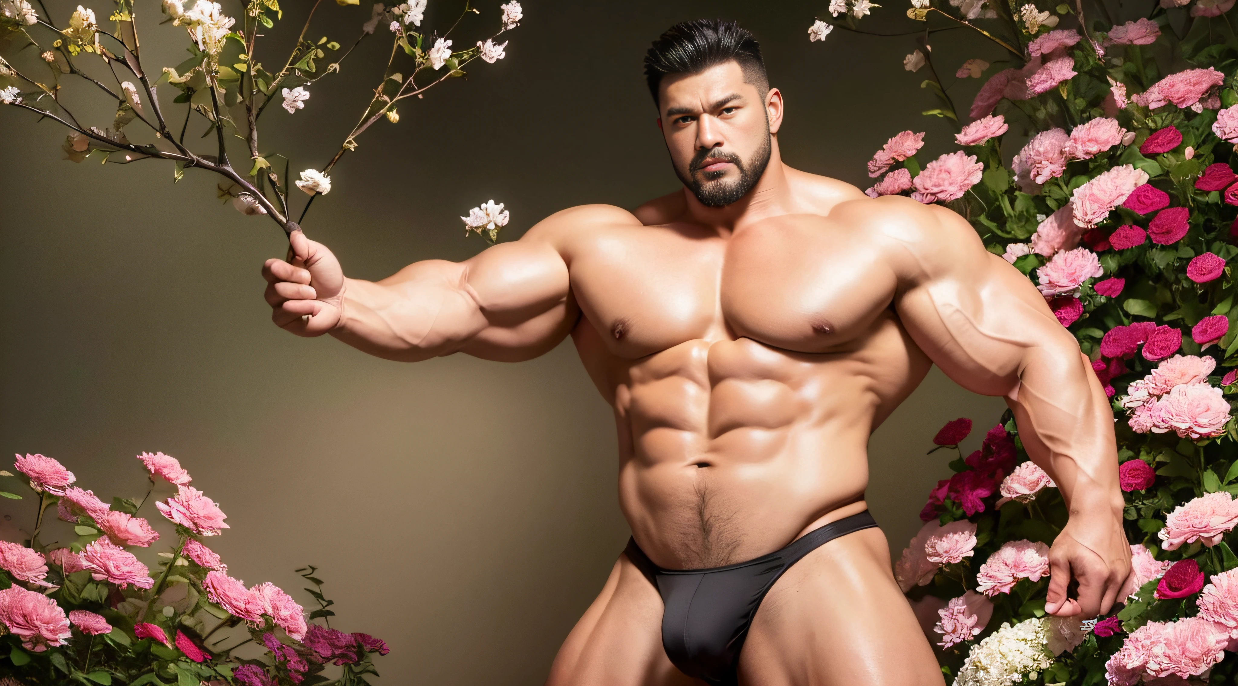 Very handsome,Chinese actor,Stand among the flowers,Surrounded by flowers,short mustache,Wearing a gold thong,Perfect figure with tattoos, Very huge and strong body, Bulging muscles, musculous, Very large pectoral muscles,Very sexy abs,The legs are muscular,Tall and mighty,Exposed Body,Wear bright gold thongs,Tall and burly,toned figure,Huge raised genital area,Brightens oily skin,Muscular,hulk body type,photo hyper realistic, artsy photography, oil on the canvas, hyper HD, 32K, super sharp focus,