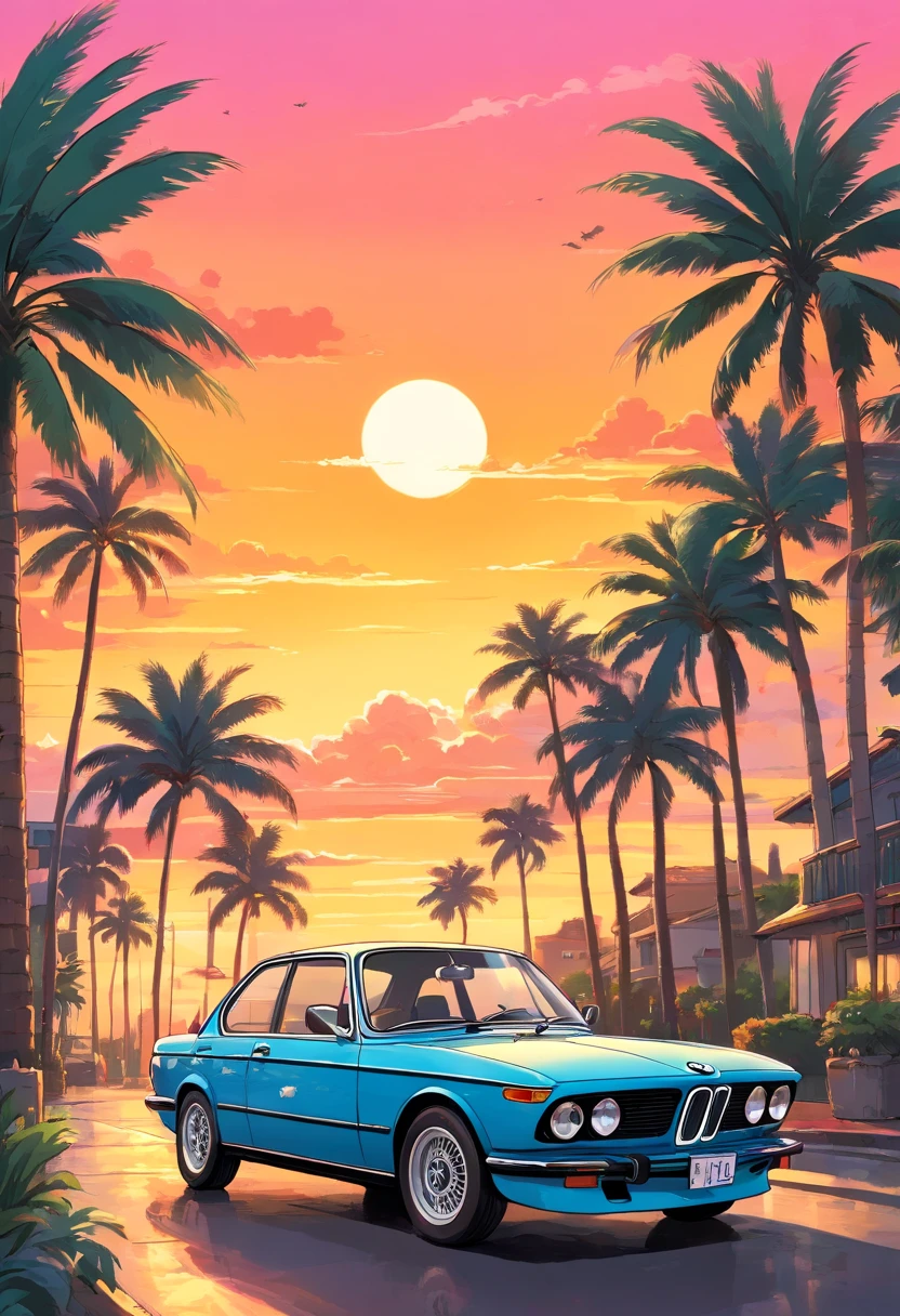 BMW classic car, sunset background, palm trees, 5 layers colors, street, sticker design