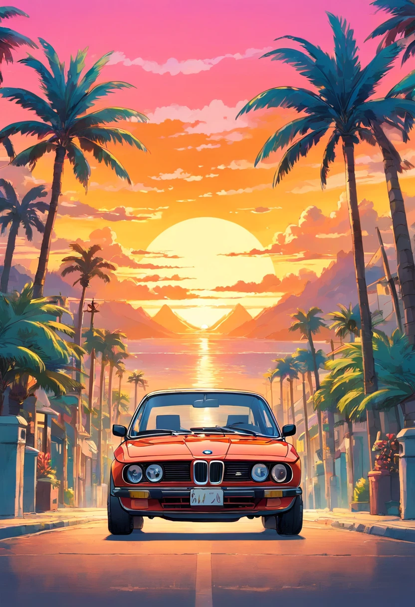 BMW classic car, sunset background, palm trees, 5 layers colors, street, sticker design