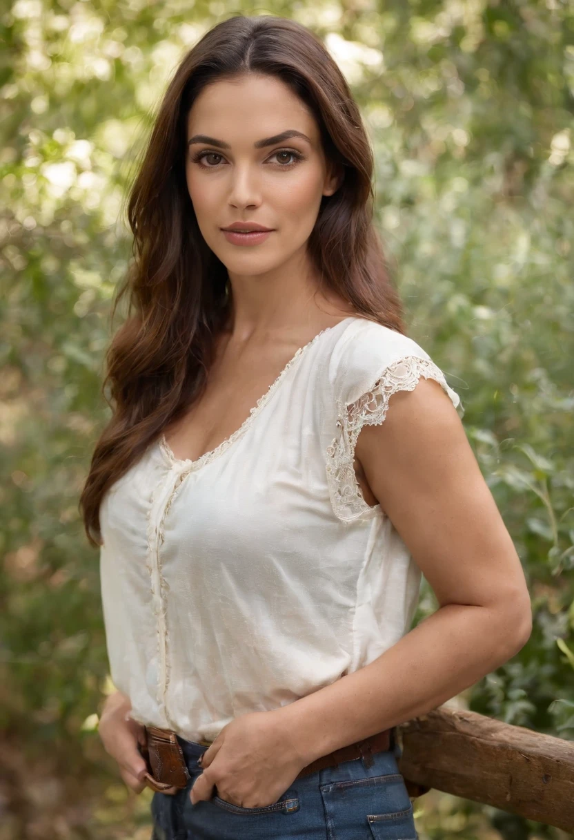 (((uma ferida avermelhada profunda atravessa sua bochecha esquerda))) tez justa, mulher em torno de 28 anos, cabelos ruivos naturais, olhos castanhos, wearing a blouse with straps and jeans, slender and graceful, bonita, Ultra sharp focus, is embraced by a man around 35 years old, cabelos castanhos naturais, cabelos longos naturais, olhos castanhos, com barba ralada, vestindo camiseta preta e jeans, corpo normal, bonito, luz de velas em um ambiente medieval, Ultra sharp focus, tiro realista, cores tetradicas