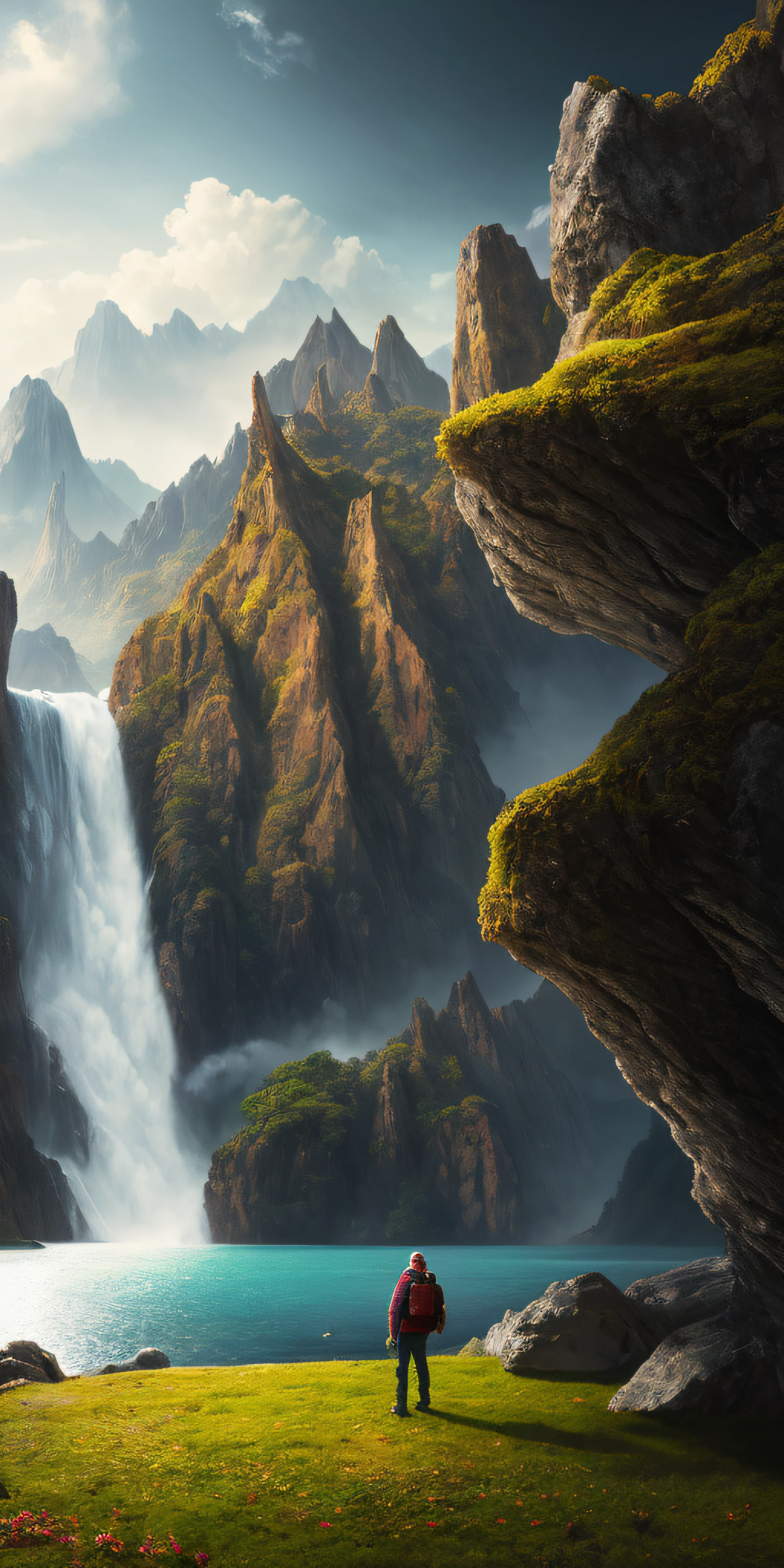 Masterpiece, best quality, high quality, extremely detailed CG unity 8k wallpaper, landscape, outdoor, sky, cloud, sky, no humans, mountain, landscape, water, tree, blue sky, waterfall, cliff, nature, lake, river , cloudy skies, award winning photography, bokeh, depth of field, HDR, bloom, chromatic aberration, photorealism, very detailed, trending on artstation, trending on CGsociety, intricate, high detail, dramatic, midjourney art