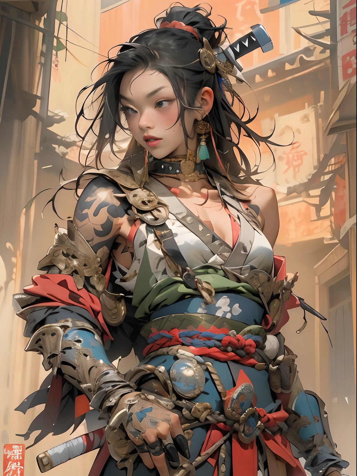 (((woman))), (((best qualityer))), (((tmasterpiece))), (((AS-Adult))), ((( Japanese ))), Look up from your knees, A beautiful asian samurai woman with perfect body, Modern samurai, ((( Asian))), Wear gloves on your hands,The left arm is made of steel and metal tips,Made of protective devices, The eyes are pulled, (( Appears below the breast )), (( Small dental floss )), Simon Bisley, Almost naked(Simon Bisley)Castle City Wilderness,For high-resolution posters, hair straight, Minimum clothing, armure (Crazy clothes ), Full of tips and rivets, tribal tattoos, (((full bodyesbian))), Straight brunette hair,Colored hair ends