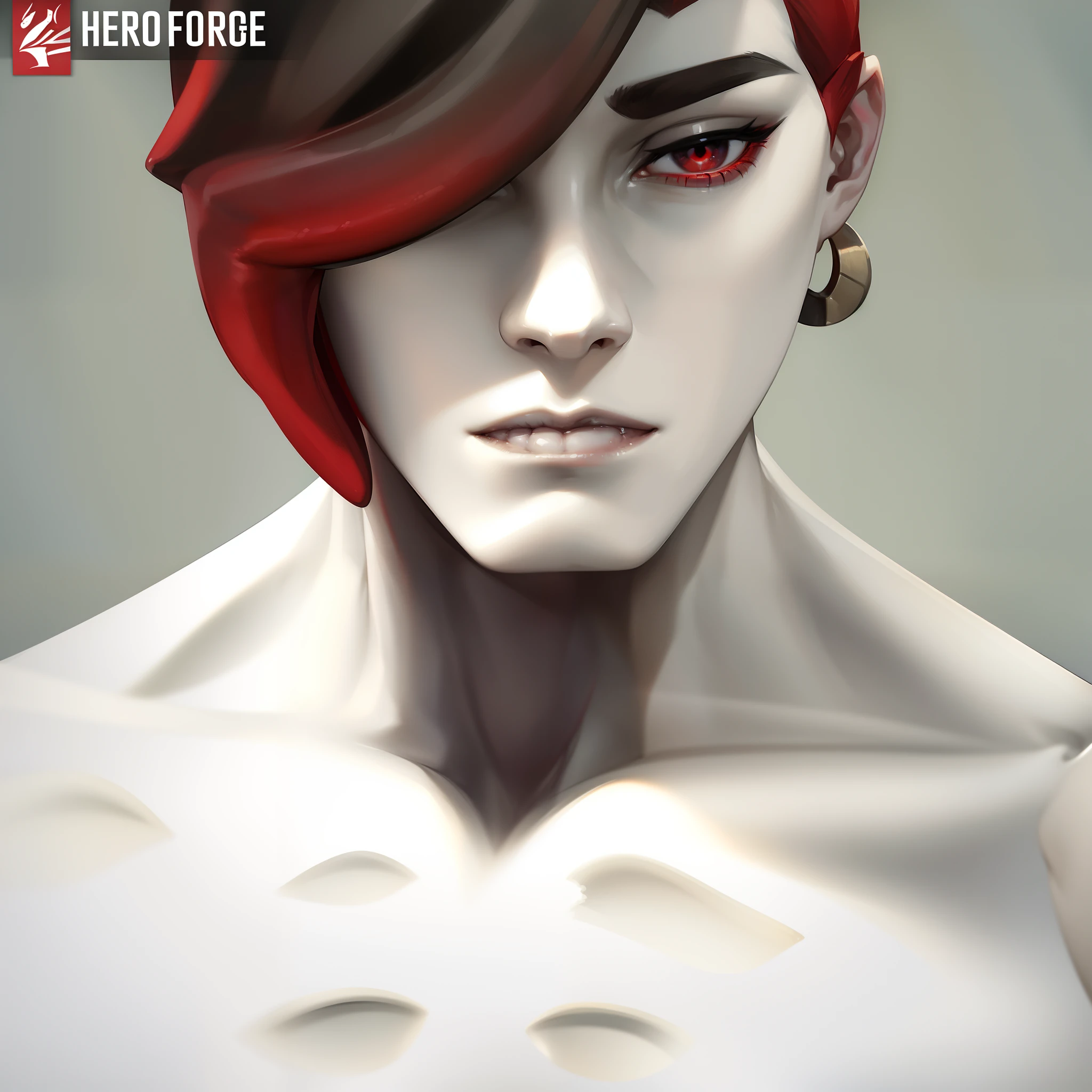 Skinny fantasy man, Fan art, Art, handsome male, pale skin, l vampire, red-eyes, Skinny face, sunken cheeks, Sharp fangs, sly look, sharp chin, Smooth face, Naked thin body, earring in the ear, Hair gradient, hair color from brown to red, thin eyebrows, Two points on the neck