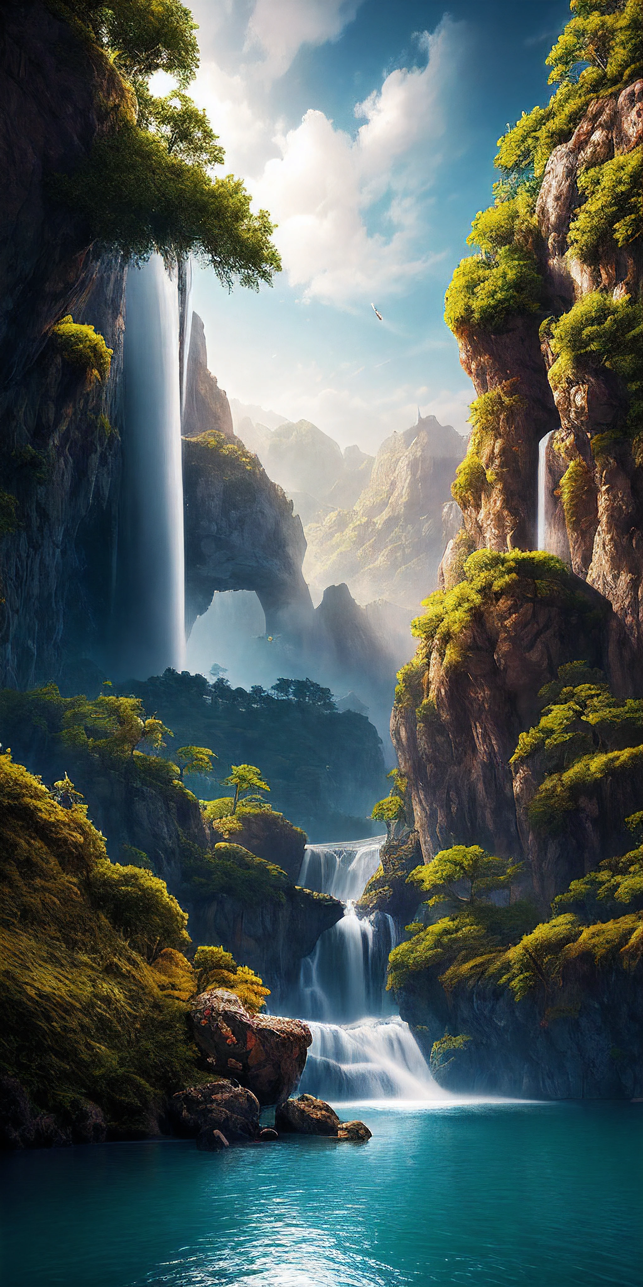 Masterpiece, best quality, high quality, extremely detailed CG unity 8k wallpaper, landscape, outdoor, sky, cloud, sky, no humans, mountain, landscape, water, tree, blue sky, waterfall, cliff, nature, lake, river , cloudy skies, award winning photography, bokeh, depth of field, HDR, bloom, chromatic aberration, photorealism, very detailed, trending on artstation, trending on CGsociety, intricate, high detail, dramatic, midjourney art