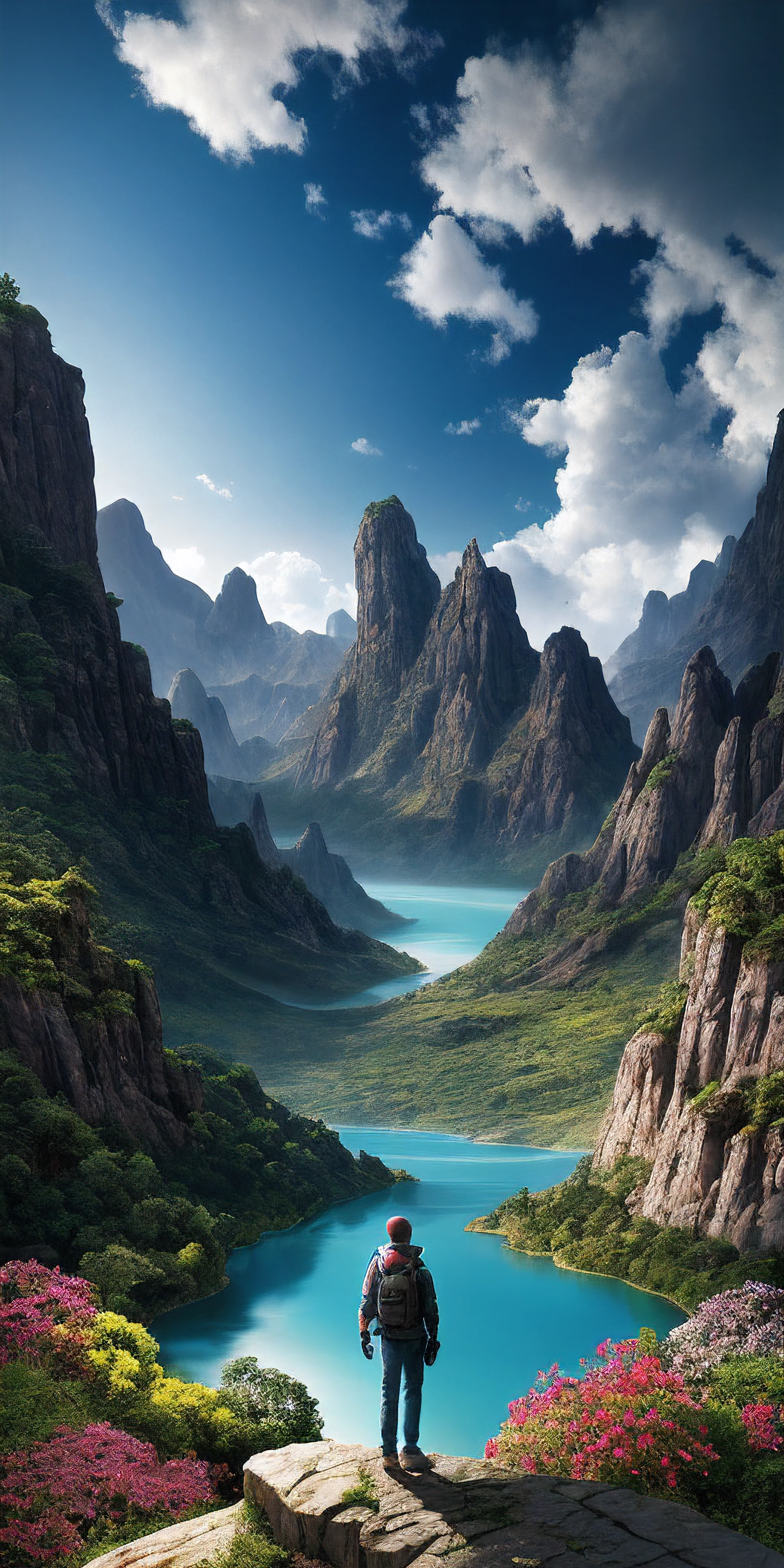 Masterpiece, best quality, high quality, extremely detailed CG unity 8k wallpaper, landscape, outdoor, sky, cloud, sky, no humans, mountain, landscape, water, tree, blue sky, waterfall, cliff, nature, lake, river , cloudy skies, award winning photography, bokeh, depth of field, HDR, bloom, chromatic aberration, photorealism, very detailed, trending on artstation, trending on CGsociety, intricate, high detail, dramatic, midjourney art