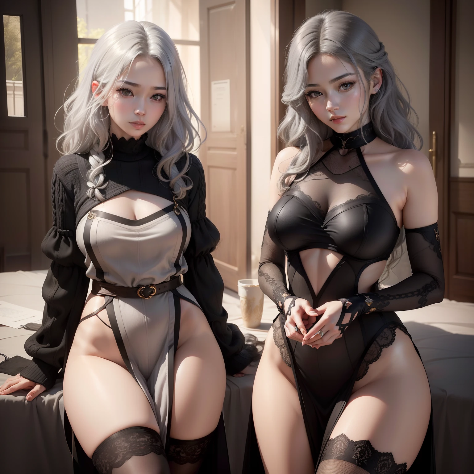 (masuter piece:1.3)、(8K、Photorealsitic、Raw photography、top-quality: 1.4)、(1girl in)、Beautiful expression、(Lifelike face)、(((The woman on the right has gray hair、short-hair:1.3)))、(((The woman on the left has black hair、semi long hair:1.3)))Beautiful hairstyle、realisticeyes、Beautiful details、(real looking skin)、Beautiful skins、(((knit)))、absurderes、enticing、超A high resolution、A hyper-realistic、high-detail、the golden ratio
