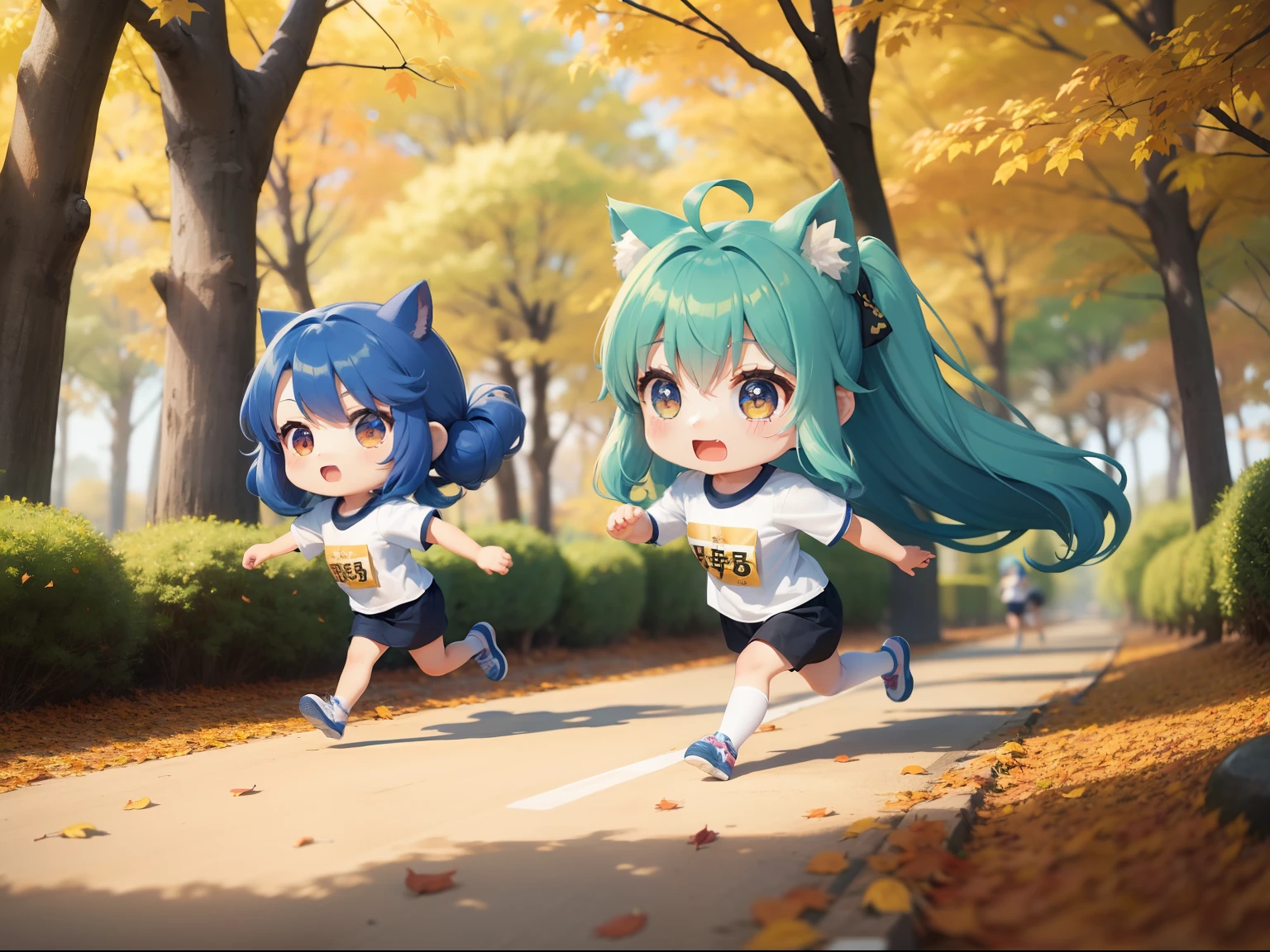 Chibi Chara's Sports Day　5:Chibi Chara　Many chibi characters　　long hair with blue hair((Chibi Chara))、Fluffy、girl with、Chibi Chara、full body Esbian、Pastel colors hair、masutepiece、top-quality、In the forest of autumn leaves、Running a little