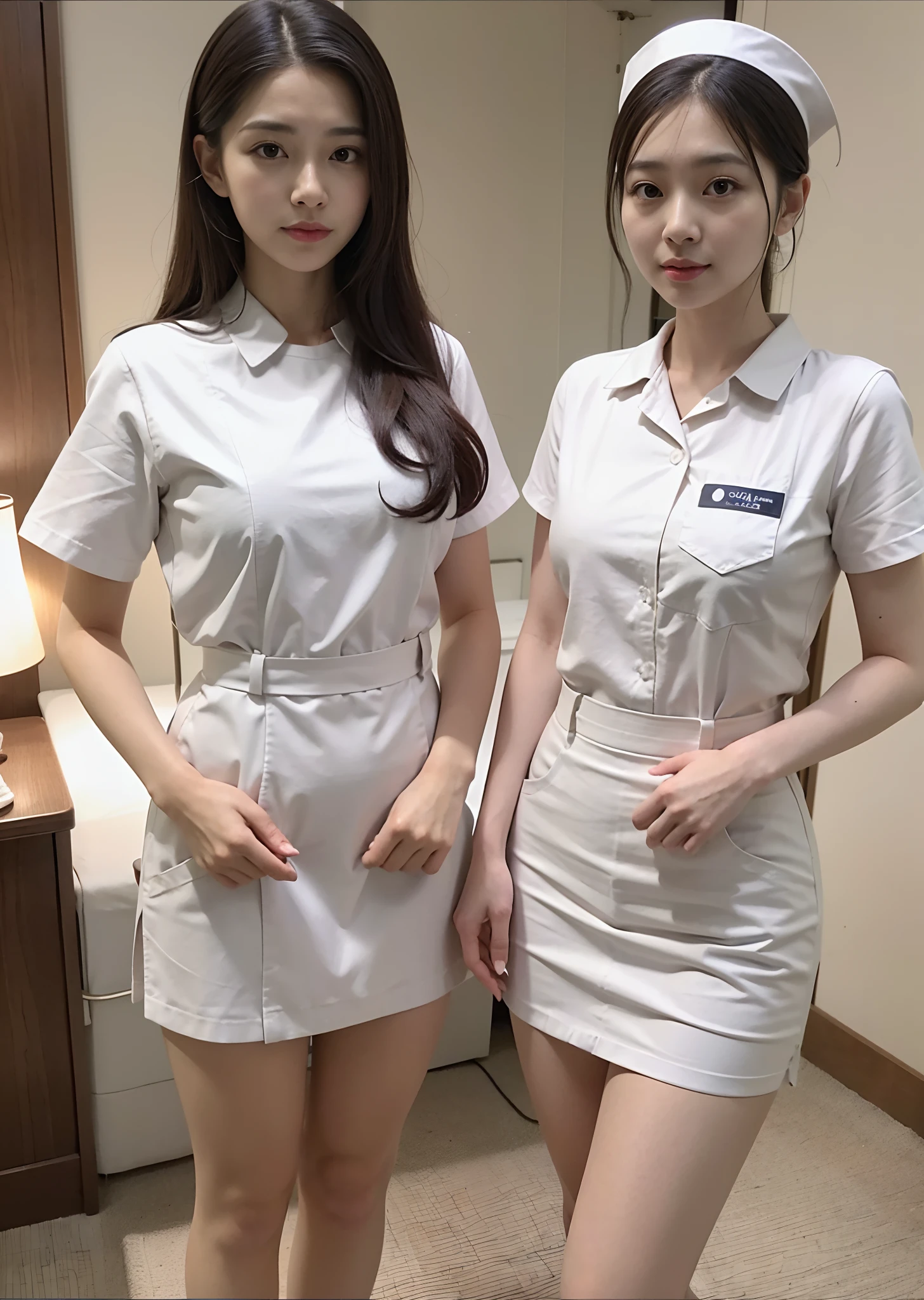 There was a woman in a white uniform, Nurse, full-body xianxia, nurse girl,  healthcare worker, Fitted nurse uniform，Split nurse overalls，White nurse trousers，Slim figure，Anterior convex and posterior，Beautiful nurse shoes，Stand dignified and generous，fully body photo