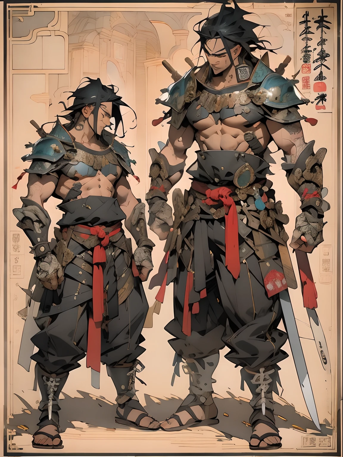(((mtu))), (((best qualityer))), (((tmasterpiece))), (((AS-Adult))), ((( Japanese ))), Look up from your knees, Handsome Asian samurai,perfect body figure, Modern samurai, ((( Asian))), Wear gloves on your hands,The left arm is made of steel and metal tips,Made of protective devices, The eyes are pulled, (( Appears below the chest )), (( Small dental floss )), Simon Bisley, Almost naked(Simon Bisley)Castle City Wilderness,For high-resolution posters, hair straight, Minimum clothing, armure (Crazy clothes ), Full of tips and rivets, tribal tattoos, (((full bodyesbian))), Straight brunette hair,Colored hair ends