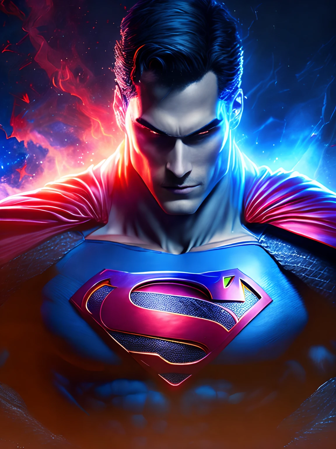 retrato sombrio de Deus Ciborgue Superman da DC, extremamente detalhado, futuristic cityscape, noite, glowing neon lights, smoke billowing, Sparks, Metal shavings, Detritos voadores, efeitos da energia azul, volumetric light