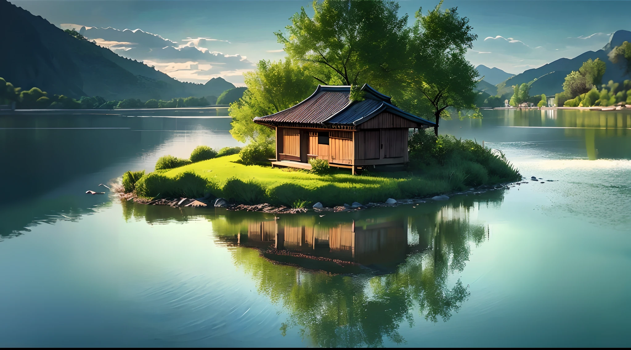 there is a small house on a small island in the middle of a lake, beautifully lit landscape, peaceful landscape, serene landscape, beautiful serene landscape, amazing landscape, in a serene landscape, an amazing landscape image, dreamy landscape, beautiful lake, beautiful landscape, stunning landscape, setting in nature, beautiful lake background, perfect landscape, stunning light reflections, beautiful dreamy landscape