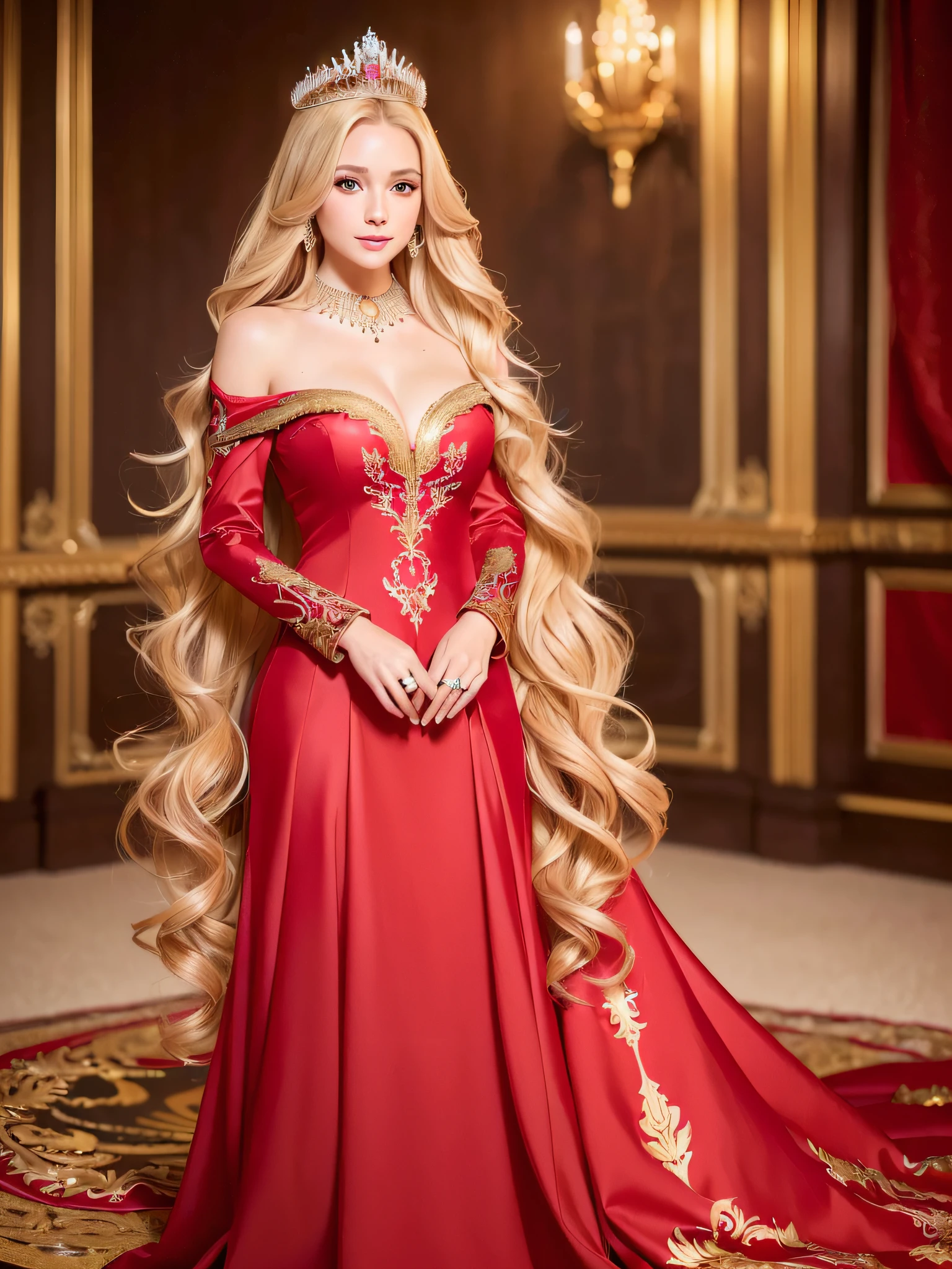 (best quality,4k,8k,highres,masterpiece:1.2),ultra-detailed,(realistic,photorealistic,photo-realistic:1.37), a beautiful blonde young princess with wavy long hair, red gown, detailed sparkling eyes, golden crown with jewels, modest red princess gown, chaste, smiling, happy