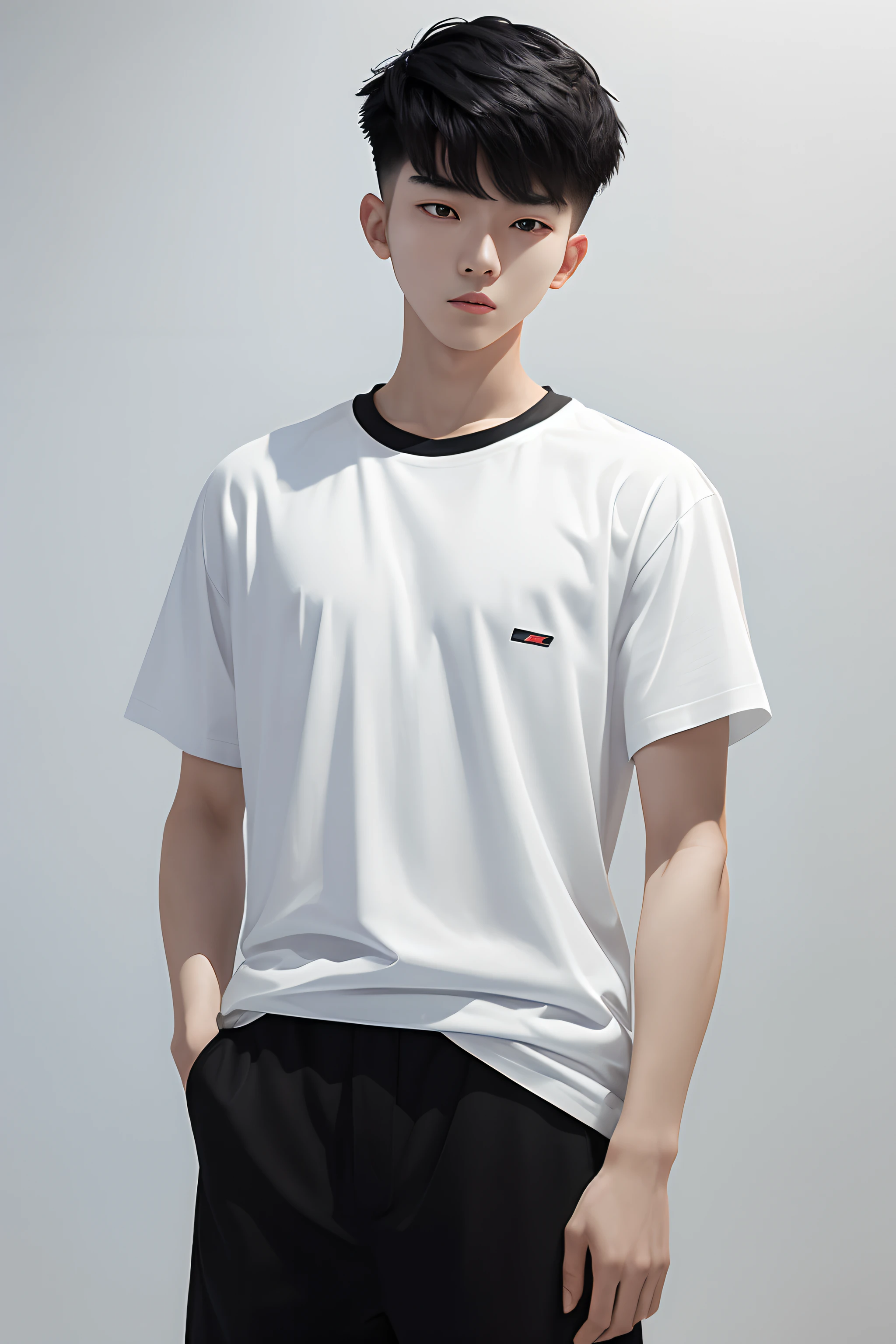 ((1 man)), Alone, looking at the viewer, red hair on one half and white hair on the other half, wearing a smart school outfit, a black pants, black eyes , Upper part of the body, Gray background, realist, dioknigsreuter