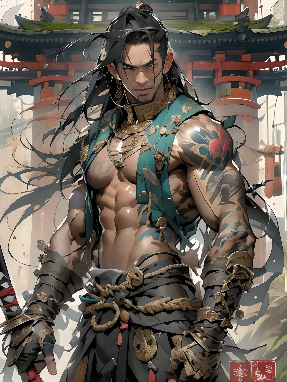 (((mtu))), (((best qualityer))), (((tmasterpiece))), (((AS-Adult))), ((( Japanese ))), Look up from your knees, Handsome Asian samurai,perfect body figure, Modern samurai, ((( Asian))), Wear gloves on your hands,The left arm is made of steel and metal tips,Made of protective devices, The eyes are pulled, (( Appears below the chest )), (( Small dental floss )), Simon Bisley, Almost naked(Simon Bisley)Castle City Wilderness,For high-resolution posters, hair straight, Minimum clothing, armure (Crazy clothes ), Full of tips and rivets, tribal tattoos, (((full bodyesbian))), Straight brunette hair,Colored hair ends