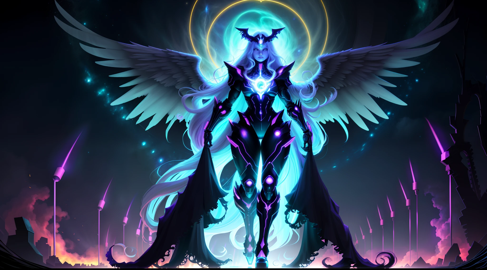 Cosmic Fallen Angel, glowing light eyes, Extra-long colored hair dragged on the floor,Biomechanical, huge boob,Huge wide hips,Pronounced abs,Exaggerated body proportions,thick leg,Leg muscles,eerie, Creepy, nightmarish, Very bright colors, Light particles, with light glowing, Mshiv, wallpaper art, UHD wallpaper,full body shot shot