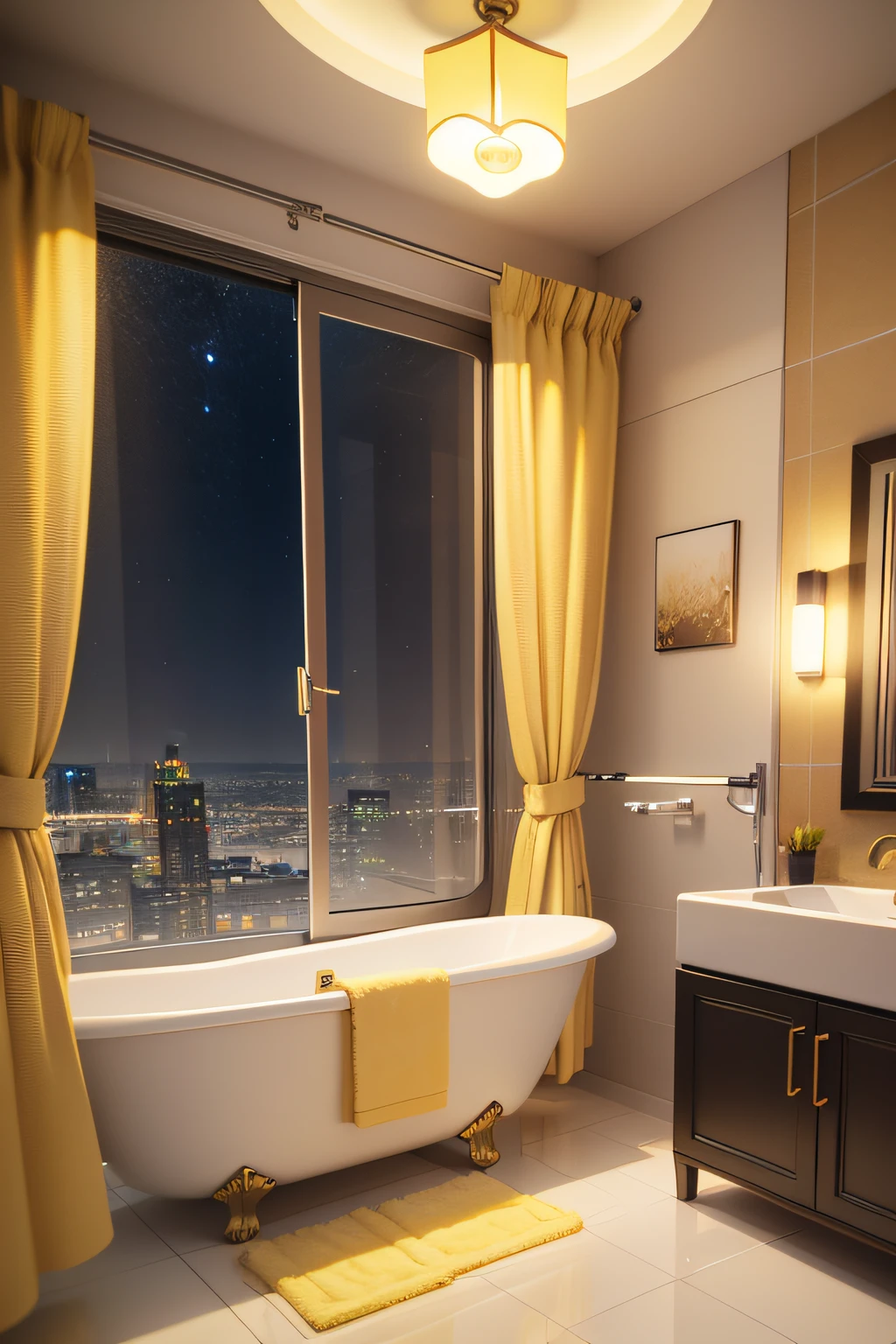At night front window cute through night sky modern decoration light yellow decoration background bathroom makeup mirror cute cat element around cute 3D decoration C4D blender 1:1 x HD UHD large scene depth
