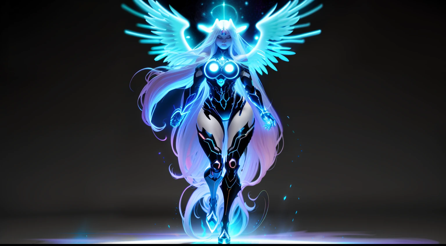 Cosmic Fallen Angel, glowing light eyes, Extra-long colored hair dragged on the floor,Biomechanical, huge boob,Huge wide hips,Pronounced abs,Exaggerated body proportions,thick leg,Leg muscles,eerie, Creepy, nightmarish, Very bright colors, Light particles, with light glowing, Mshiv, wallpaper art, UHD wallpaper,full body shot shot,Realistic style