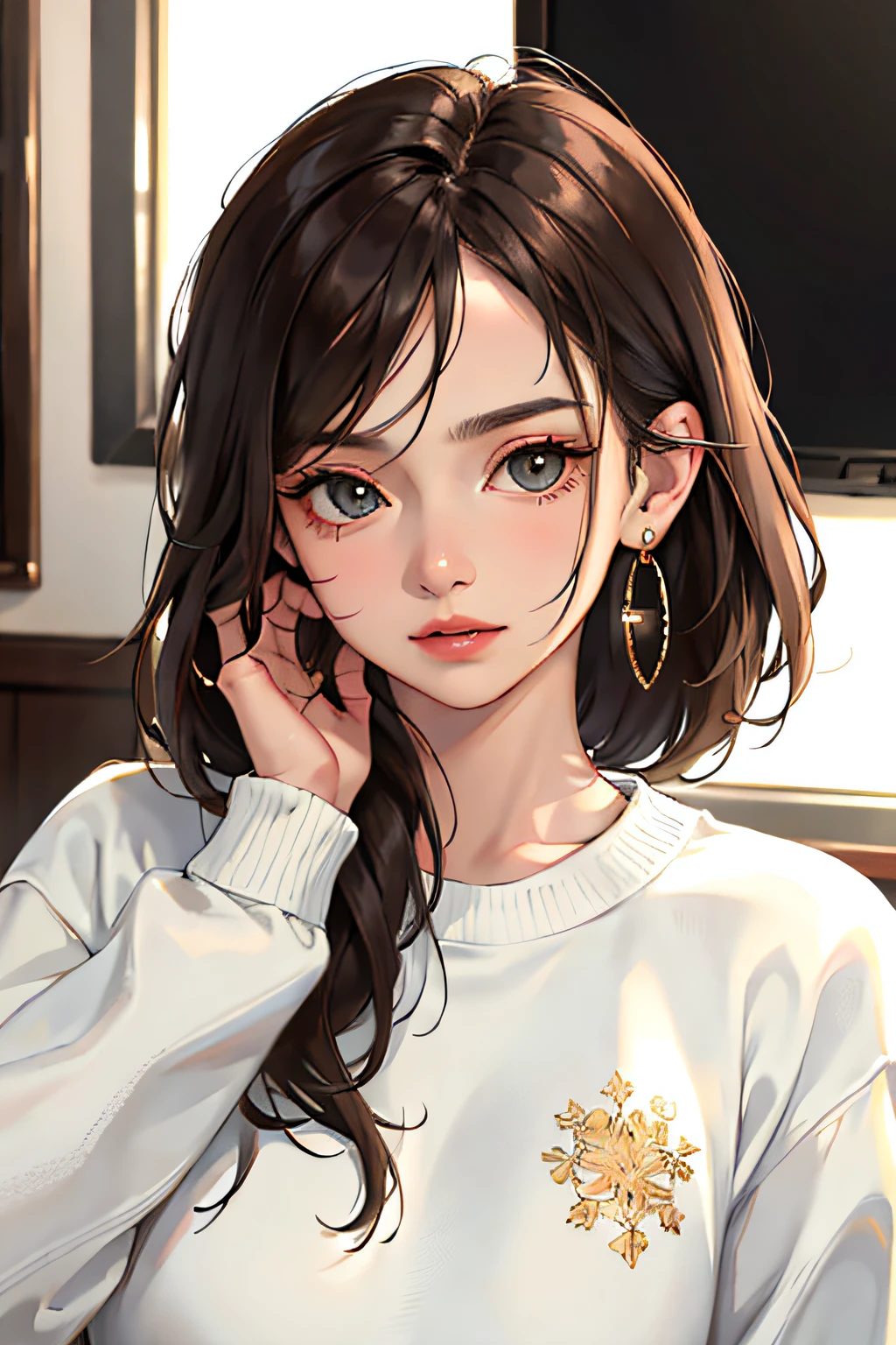 (​masterpiece:1.2, Top  Quality), (Real Pictures, intricated details), Solo, 1milf, Home, close-up face, sweatshirt, (Front Focus), Big round earrings, Looking at me, bangss, office