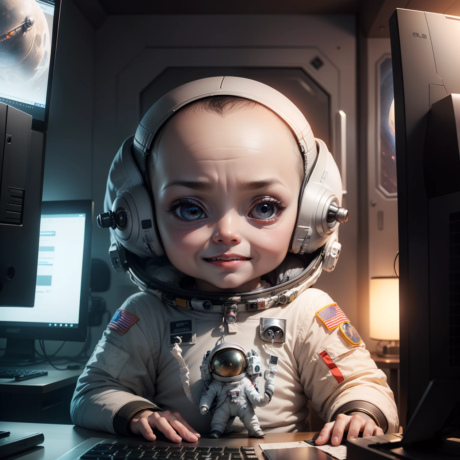 Cute  Chibi Anime、Realistic Aliens, Ultra Detailed Aliens, portrait of a humanoid alien, Aliens working on computers, Alien Art, Art Alien, Portrait of a gray alien, Alien Look, Gray aliens, Gray aliens, Gray aliens, Surreal sci-fi reality, (Evil alien astronaut:1.5), Scary person