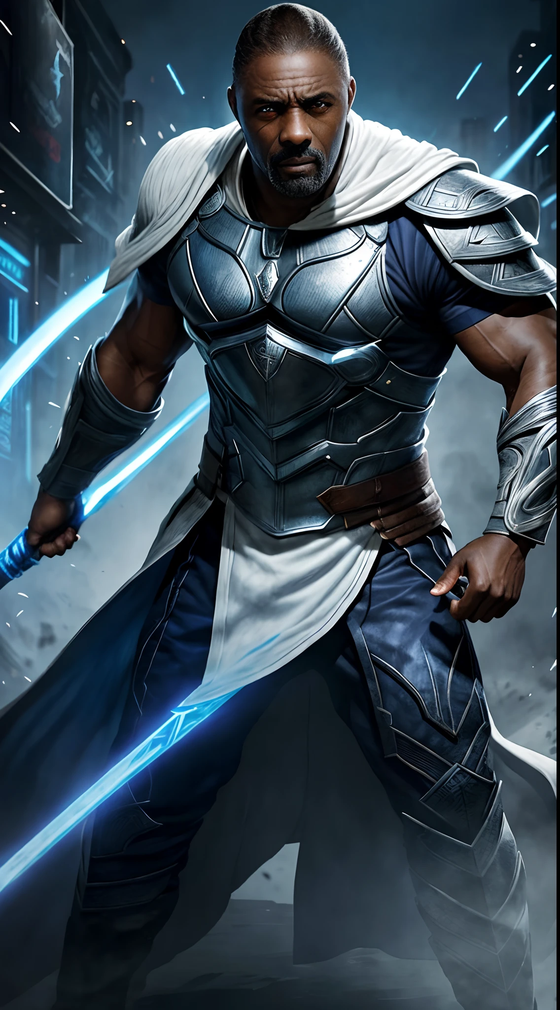 actor ((Idris Elba)) as Raiden, Mortal Kombat, wears white robe, a vietnamese hat, glowing blue eyes, wields staff, God of Thunder, protector of Earthrealm, intricate, high detail, sharp focus, dramatic, photorealistic painting art by greg rutkowski