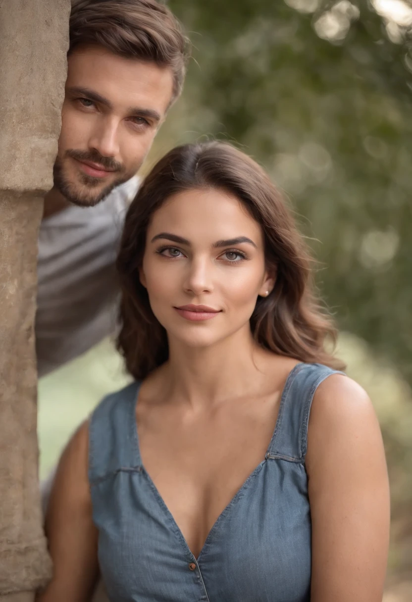 tez justa, mulher em torno de 28 anos, cabelos ruivos naturais, olhos castanhos, wearing a blouse with straps and jeans, slender and graceful, bonita, Ultra sharp focus, is embraced by a man around 35 years old, cabelos castanhos naturais, cabelos longos naturais, olhos castanhos, com barba ralada, vestindo camiseta preta e jeans, corpo normal, bonito, casal, are together and embraced, luz de velas em um ambiente noturno, Ultra sharp focus, tiro realista, cores tetradicas