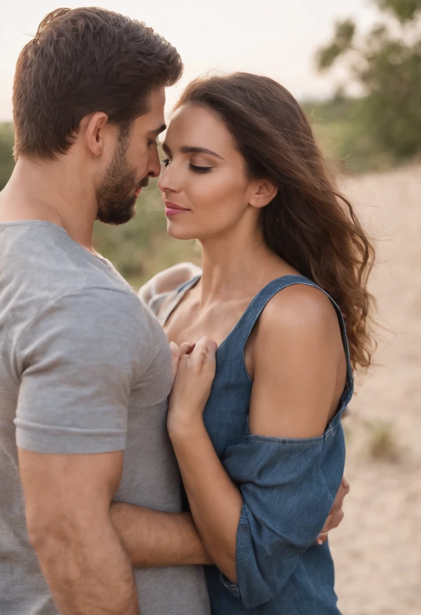 tez justa, mulher em torno de 28 anos, cabelos ruivos naturais, olhos castanhos, wearing a blouse with straps and jeans, slender and graceful, bonita, Ultra sharp focus, is embraced by a man around 35 years old, cabelos castanhos naturais, cabelos longos naturais, olhos castanhos, com barba ralada, vestindo camiseta preta e jeans, corpo normal, bonito, casal, are together and embraced, luz de velas em um ambiente noturno, Ultra sharp focus, tiro realista, cores tetradicas