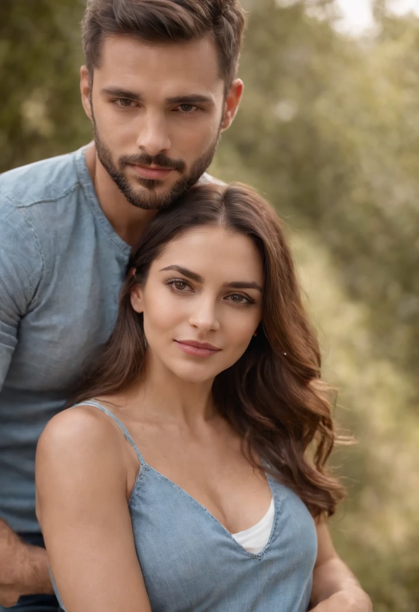 tez justa, mulher em torno de 28 anos, cabelos ruivos naturais, olhos castanhos, wearing a blouse with straps and jeans, slender and graceful, bonita, Ultra sharp focus, is embraced by a man around 35 years old, cabelos castanhos e longos naturais, homem com cabelos longos, olhos castanhos claros, com barba ralada, vestindo camiseta preta e jeans, corpo magro, bonito, casal, are together and embraced, ambiente noturno interno, luzes artificiais, barzinho, Ultra sharp focus, tiro realista, cores tetradicas