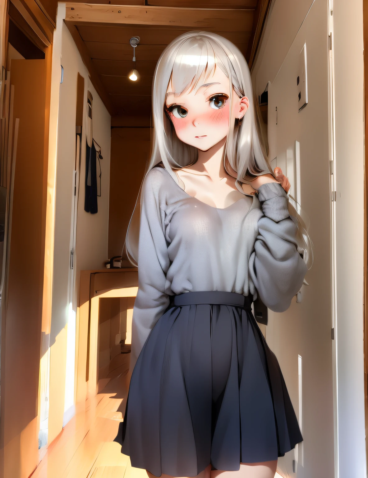 ((Extremely detailed)),, (8K), Best Quality, (Beautiful),((masutepiece)), ((Best Quality)), beautiful a girl,、Light brown eyes、Silky silver hair、Slender body、Smaller chest、hi-school girl、Sailor Suit、(Ultra-detailed), ((kawaii)), Cute, (Embarrassed look),plein air、blurry backround:1.5、Old two-story apartment、Onboro Apartment