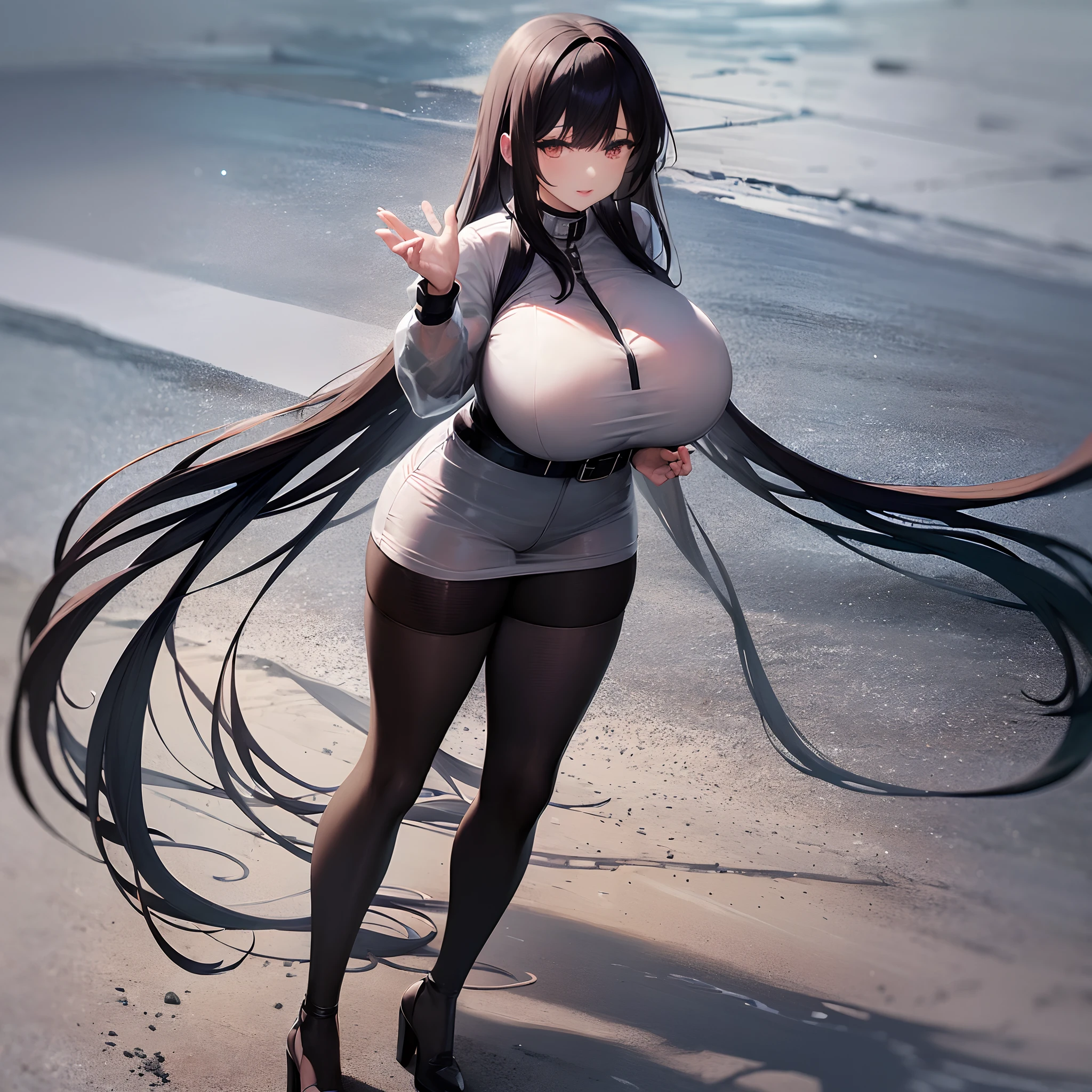 (huge tits:1.3),(((solo)))，Clear plastic raincoat，black belt bra，Black pantyhose，Long black hair，Black colored eyes，Black high-heeled sandals，stand on sand，Raise both hands，ssmile