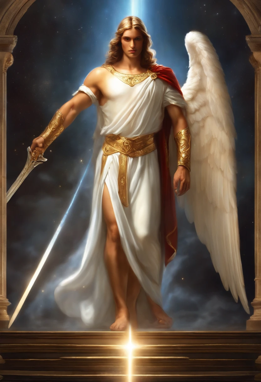 ((1 homem anjo)), cósmic  Archangel Gabriel, ((1 homem)), oLhos cLaros briLhantes, Biomechanicals, beauty face, the God of angels, with a flickering sword in his hands, angel of justice , The most beautiful of angels, cores muito briLhantes, light particles, com Luz briLhante, Mshiff, Arte do papeL de parede, papeL de parede uhd