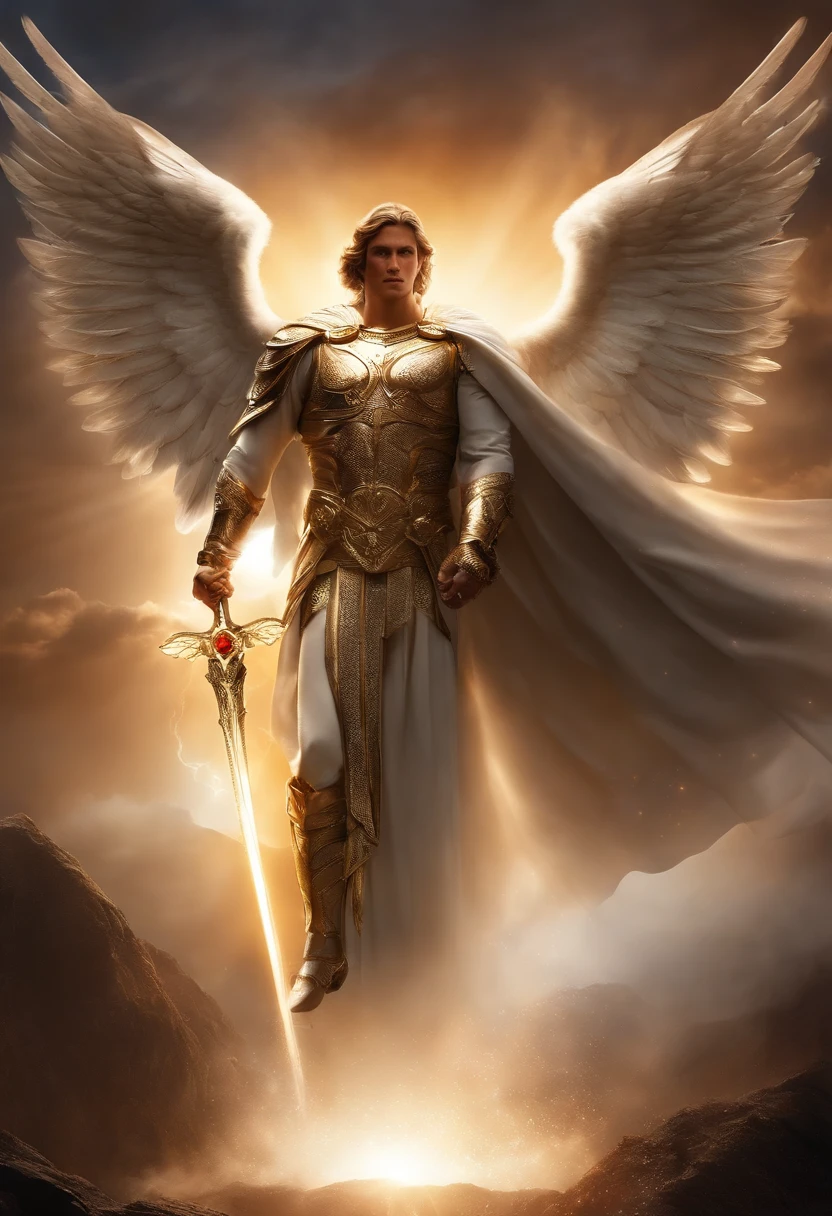 ((1 homem anjo)), cósmic  Archangel Gabriel, ((1 homem)), oLhos cLaros briLhantes, Biomechanicals, beauty face, the God of angels, with a flickering sword in his hands, angel of justice , The most beautiful of angels, cores muito briLhantes, light particles, com Luz briLhante, Mshiff, Arte do papeL de parede, papeL de parede uhd