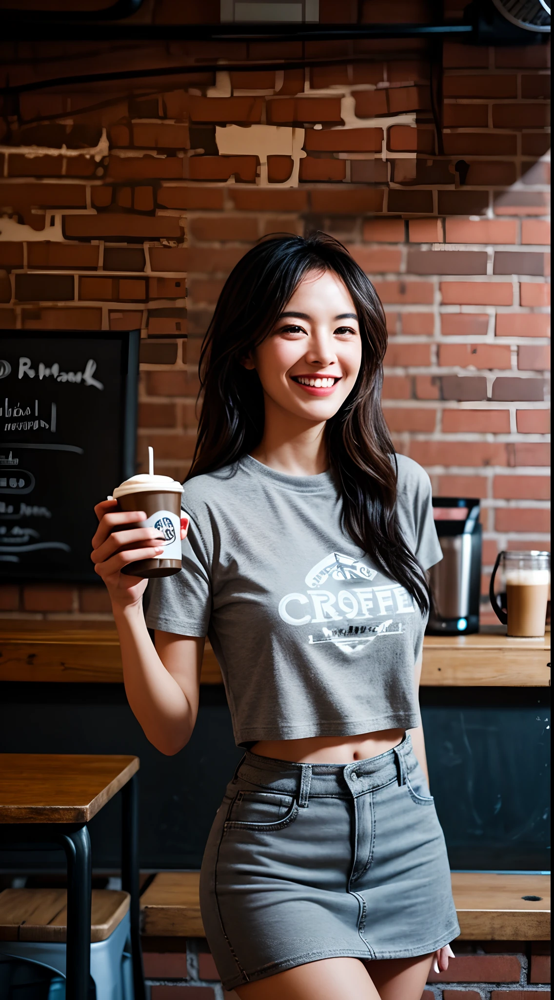 Against a backdrop of exposed brick walls and industrial decor, a beautiful lady with a captivating smile enjoys her coffee at a hip urban coffee shop. She wears a soft gray t-shirt and a flirty mini skirt with a playful polka dot pattern. The atmosphere is vibrant and energetic, with people engrossed in conversation and the aroma of freshly brewed coffee filling the air. This scene is captured with a dynamic street photography style, incorporating bold colors and candid moments, by Brandon Stanton from Humans of New York.