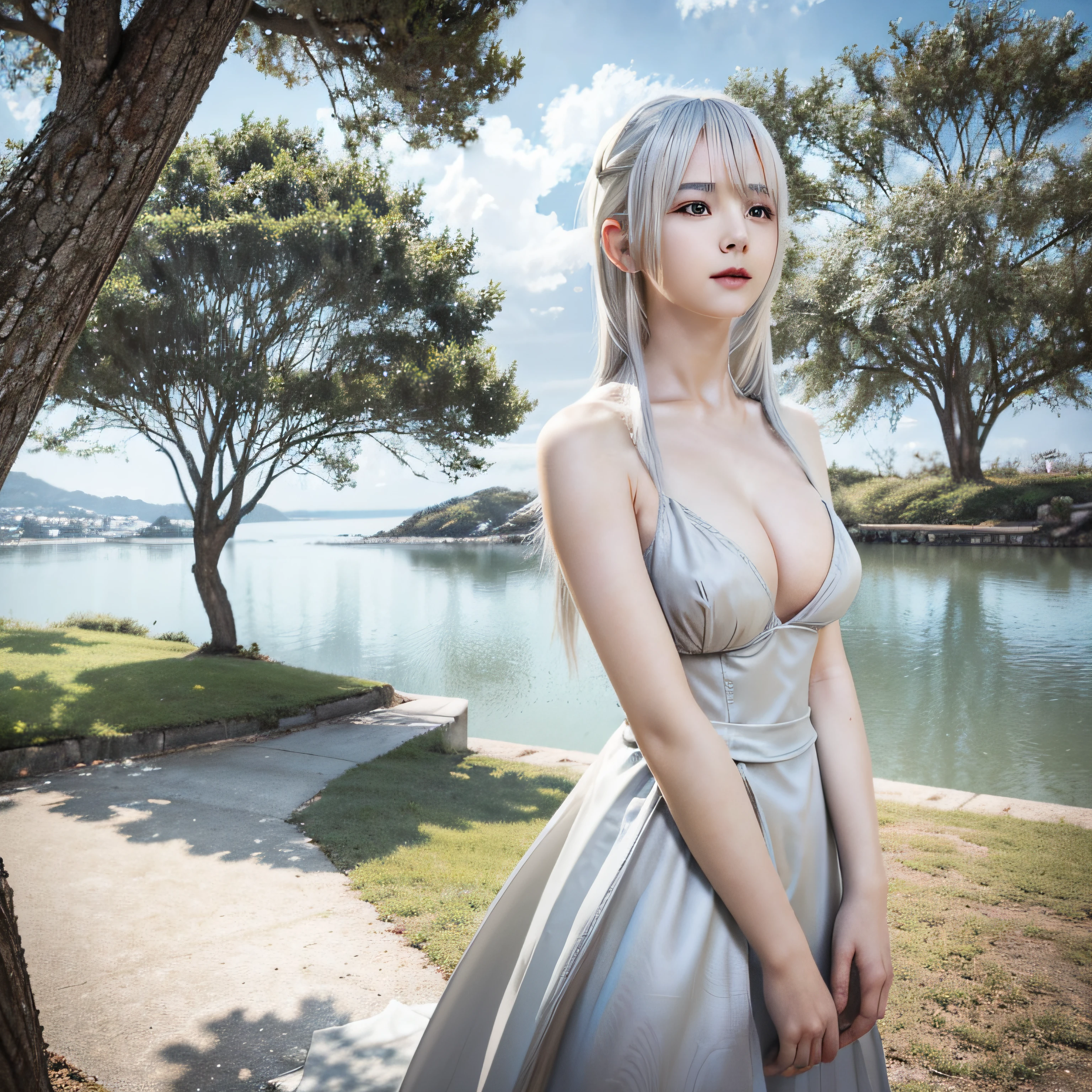 top-quality、8k picture、The background is a city, perfect gray hair girl、Naked Lori, Smart limbs、Beautiful breasts、White-haired, white haired god, Gray-haired, little curve , Guvez on Pixiv Art Station, white-haired girl, nightcore, Stand on a tree, Looking up at the stars, hyperdetailed face