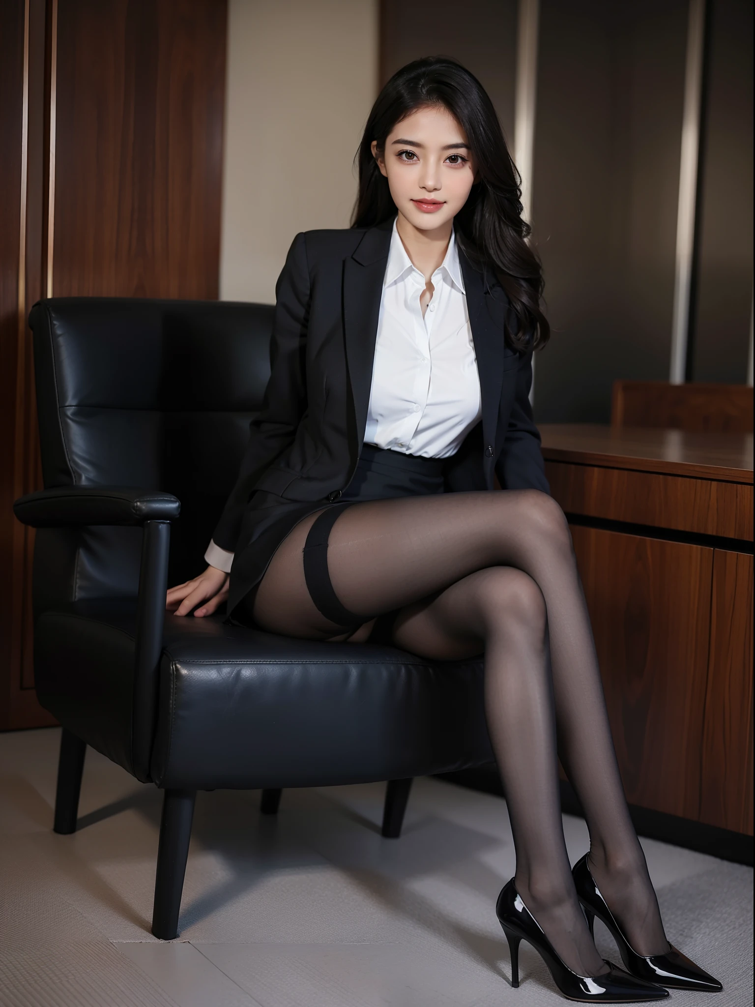 Best quality, Full body portrait, Delicate face, Pretty face,  Slim figure, office lady uniform，office clothes, black pantyhoses, cabelos preto e longos，adolable，ssmile，Long legs，Sit Pose，high-heels