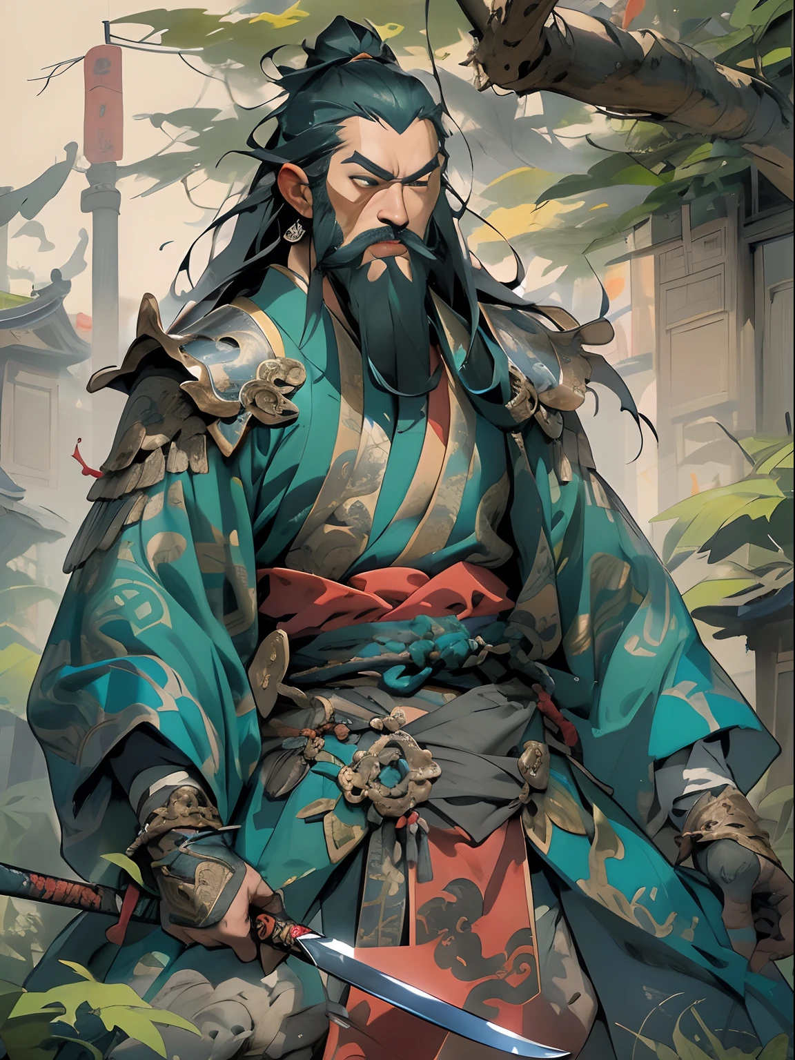 (((China-style,Ink painting method,Half-length portrait,Intense color,Han dynasty, China,Hanfu,Armor,Guan yu,Guan Yunchang,of a guy,Ruddy killing square face,Hold the Blue Dragon Moon Knife in his right hand,Stroke your beard with your left hand,Long hair,petty eyes,Green robe))), (((best qualityer))), (((tmasterpiece))), (((AS-Adult))), ((( Japanese ))), Look up from your knees, Handsome Asian samurai,perfect body figure, Modern samurai, ((( Asian))), Wear gloves on your hands,The left arm is made of steel and metal tips,Made of protective devices, The eyes are pulled, (( Appears below the chest )), (( Small dental floss )), Simon Bisley, Almost naked(Simon Bisley)Castle City Wilderness,For high-resolution posters, hair straight, Minimum clothing, armure (Crazy clothes ), Full of tips and rivets, tribal tattoos, (((full bodyesbian))), Straight brunette hair,Colored hair ends