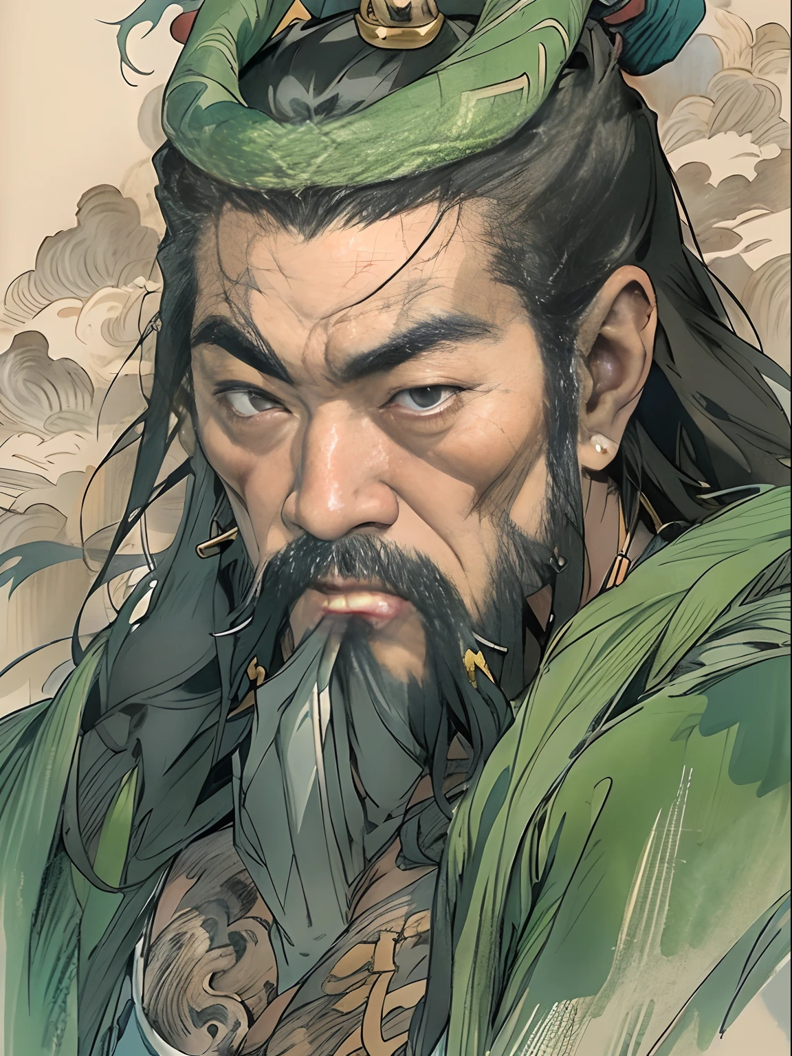 (((China-style,Ink painting method,Half-length portrait,Intense color,Han dynasty, China,Hanfu,Armor,Guan yu,Guan Yunchang,of a guy,Ruddy killing square face,Hold the Blue Dragon Moon Knife in his right hand,Stroke your beard with your left hand,Long hair,petty eyes,Green robe))), (((best qualityer))), (((tmasterpiece))), (((AS-Adult))), ((( Japanese ))), Look up from your knees, Handsome Asian samurai,perfect body figure, Modern samurai, ((( Asian))), Wear gloves on your hands,The left arm is made of steel and metal tips,Made of protective devices, The eyes are pulled, (( Appears below the chest )), (( Small dental floss )), Simon Bisley, Almost naked(Simon Bisley)Castle City Wilderness,For high-resolution posters, hair straight, Minimum clothing, armure (Crazy clothes ), Full of tips and rivets, tribal tattoos, (((full bodyesbian))), Straight brunette hair,Colored hair ends