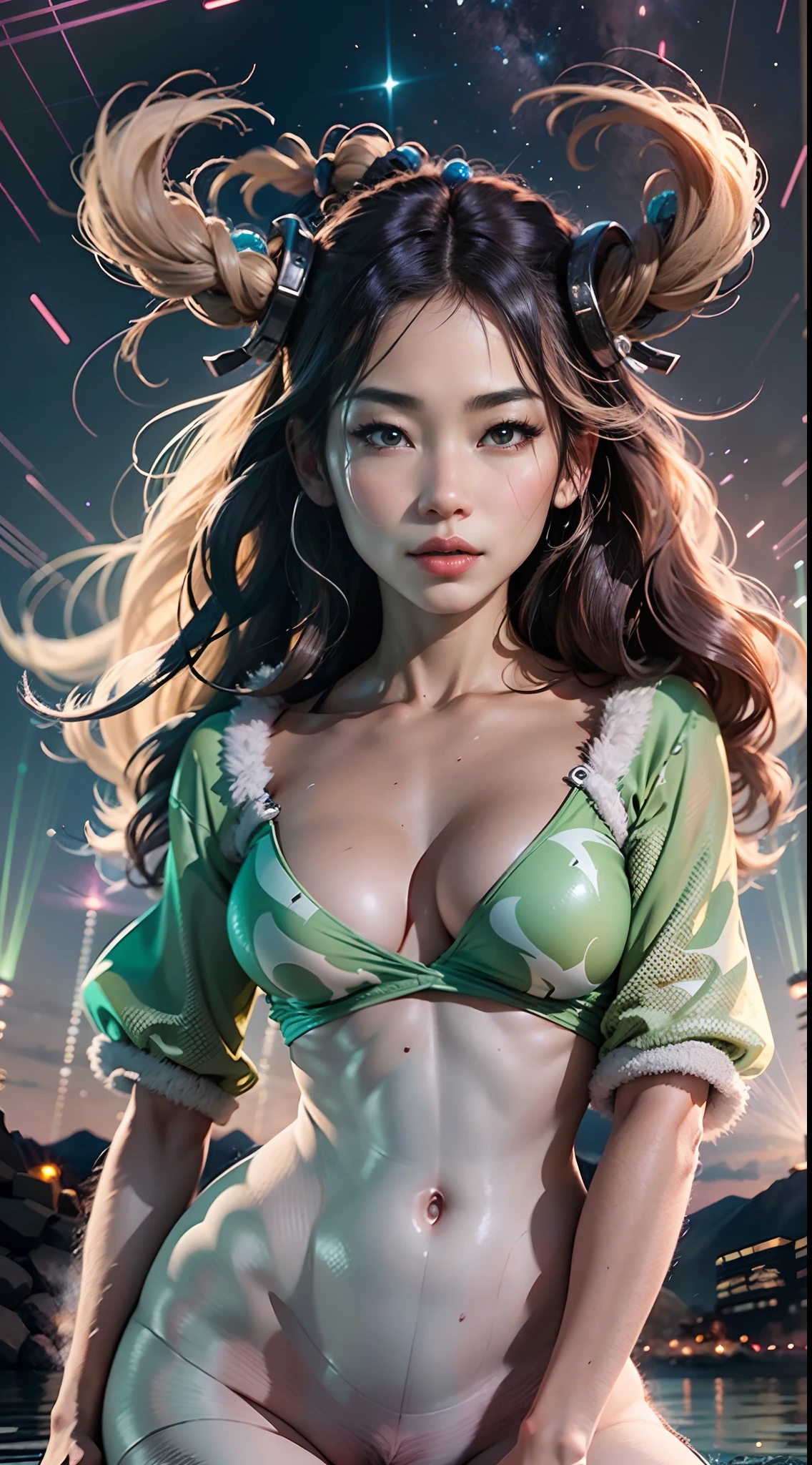 In a very grand scene,The extra-large wide-angle lens captures the appearance of a female centaur。(She is traveling through the stars:9.9),She is tall,It has the ultimate curvy beauty,The muscles are slender and firm,Beautiful lines。Her facial features are tough and coquettish,Always with a sunny smile。She wears special tight-fitting equipment with a strong sense of technology,Step on multifunctional off-road style heels,Delicate and practical protective gear is worn on the hands, feet, wrists, neck and shoulders。The detection equipment around you flashes various cue lights and neon-like information screens,Let her exude a charming brilliance。Use Midjourney's advanced tools,Design special tight-fitting equipment for female centaurs,Highlight her unique physiological characteristics and appearance details,Add realism。And in her adventure scene,Spectacular views of nature,Such as the sky where storms and sunny days alternate、Brilliant rivers of stars and auroras、The snow-capped summit of Mount Everest、Fireworks in the mountain town, etc。ao mesmo tempo,Away from the hustle and bustle of Long Beach Pier is a neon-lit spaceship docked,Create a fantastic scene。Use Midjourney's advanced tools and multiple color palettes、Brush Strokes、Texture tools and model packages,It shows a sense of atmosphere where beauty and charm coexist。The charm of the female centaur is highlighted through color and lines,Enhance realism with detailing,Create a surreal dreamy feeling。Additionally,Use Midjourney's tools to add a variety of extreme sports gear and cultural trinkets to the female centaur,Create intricate hairstyles and outfits,Give her a sense of premium。She never flinches,Regardless of the terrain,can respond quickly,Even the extreme geography and dangerous terrain of aliens cannot stop her。Use Midjourney's powerful tools,You can do it with incredible detail and beauty,Bring this ultra-grand and beautiful scene to life。Ultra-grand scenes,super wide shot, hdr,(真实感,Masterpiece quality,