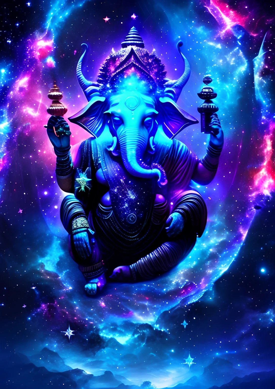 dreamlikeart, galaxy, outer space, nebula, star, [cyberpunked] Ganesha from the stars (star:1.5),